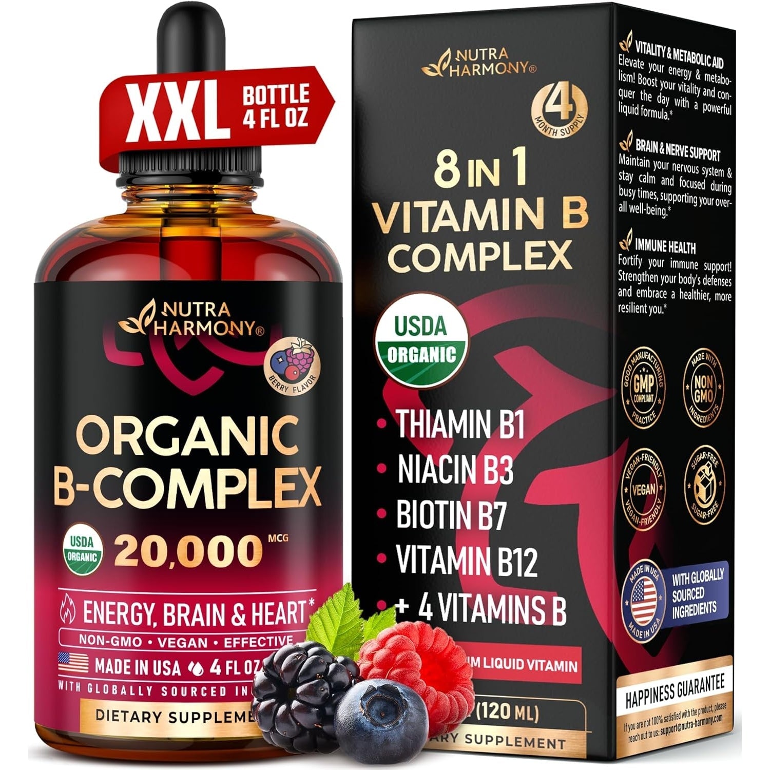 USDA Organic Vitamin B-Complex B5 Pantothenic Acid | B12 Methylcobalamin | B1 Thiamine | B6 Pyridoxine | B7 Biotin | B9 Folic | B3 Niacinamide - B Complex Liquid Drops, Made in USA Supplement, 2fl oz - Medaid International