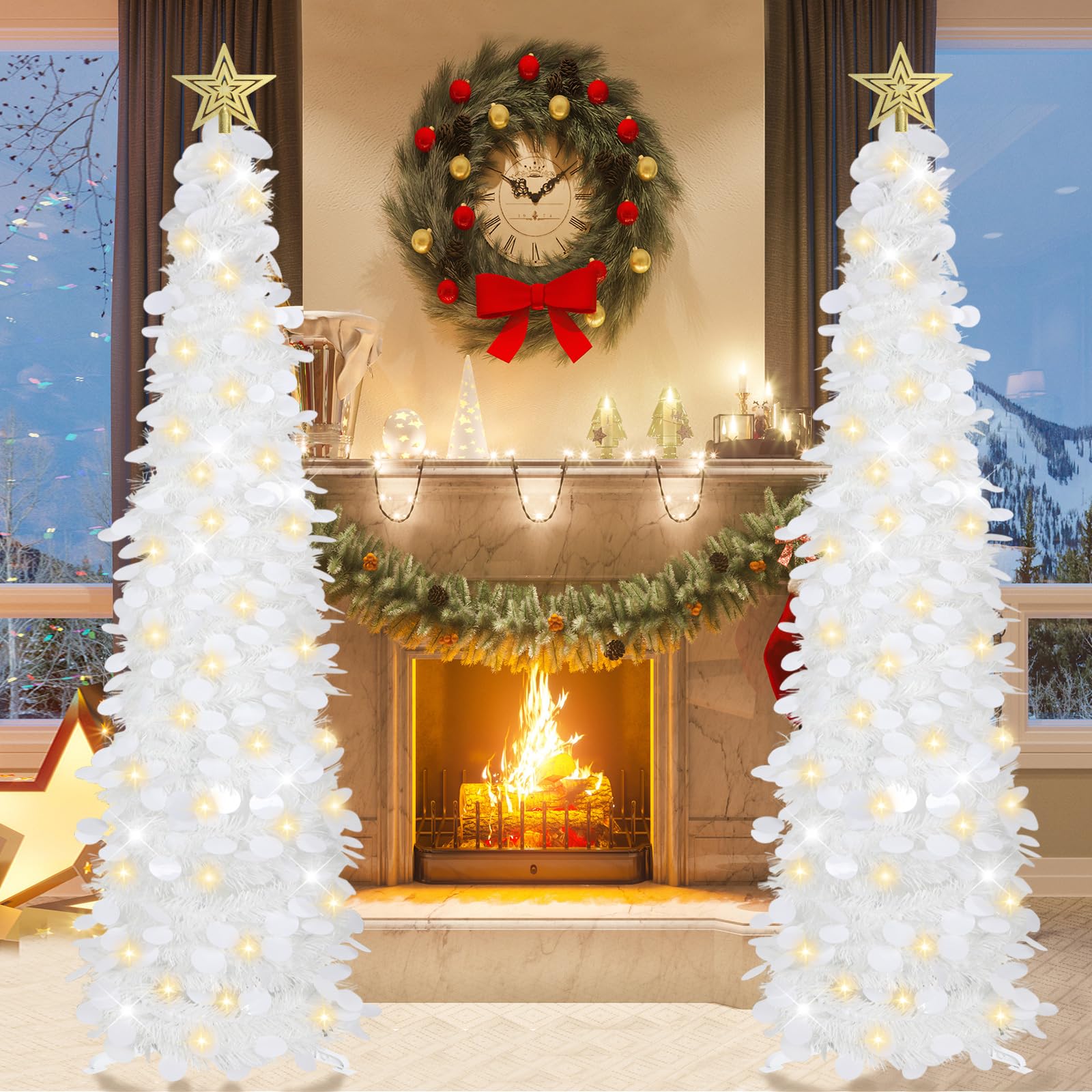 HMASYO 5 FT Pop Up Christmas Tree with Timer Lights, White Christmas Tinsel Tree, Collapsible Artificial Pencil Christmas Tree for Indoor Home Apartment Porch Holiday Party Decorations - Medaid International
