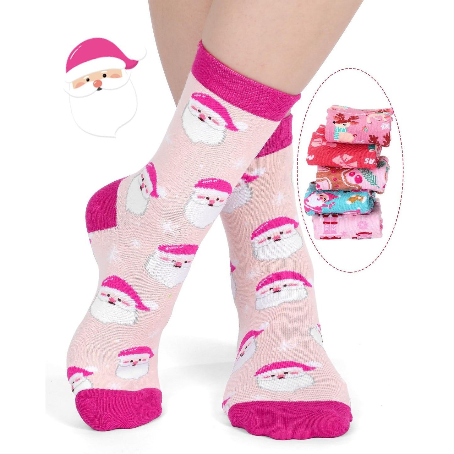 Croloose 10 Pairs Pink Christmas Socks for Women Bulk Fun Xmas Crew Socks Holiday Gift for Stocking Stuffer Party Favors (Multicolor Style) - Medaid International