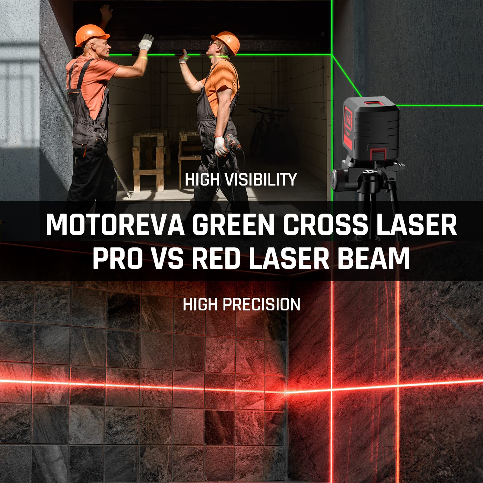 Motovera Laser Level, 100 feet Self Leveling Laser Level, Green Cross Line Rotary Lasers, 4 Brightness Adjustment, Manual Self leveling and Pulse Mode, IP54 Waterproof Battery Carrying Bag Included - Medaid International