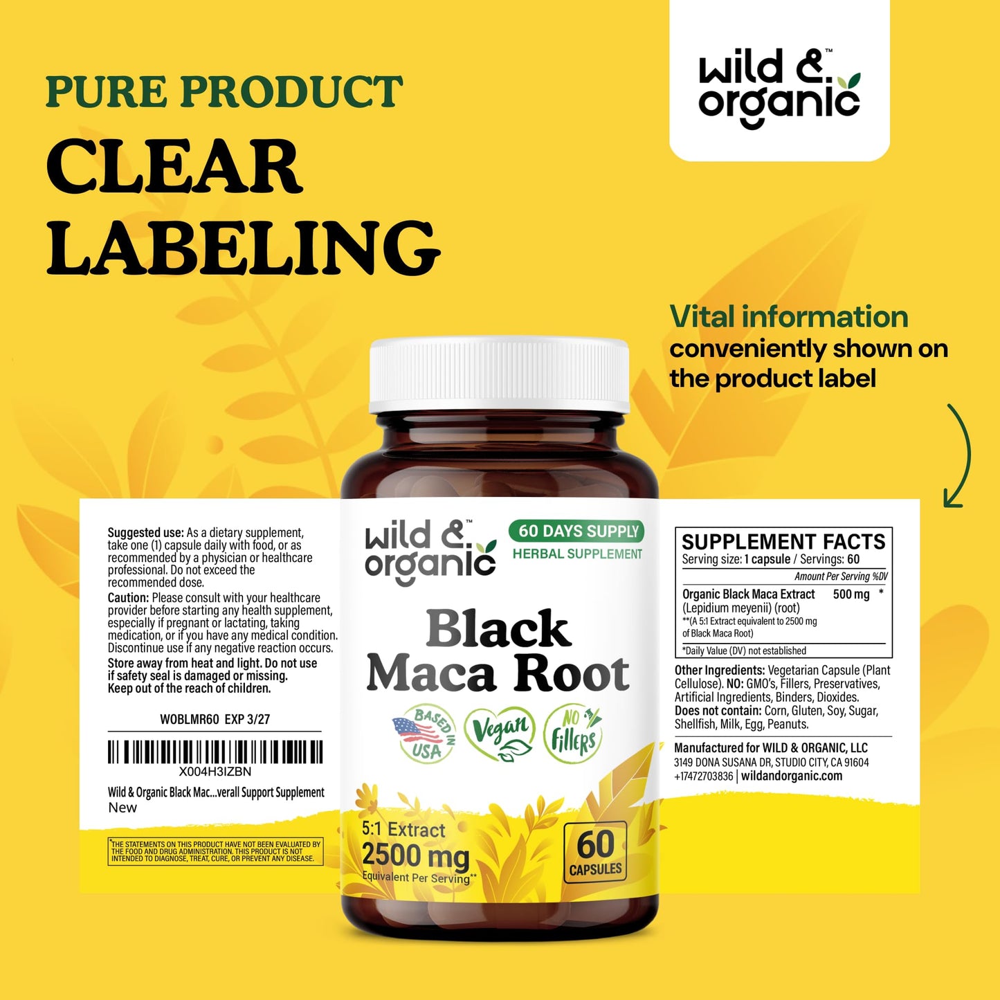 Wild & Organic Black Maca Root Capsules for Women & Men 500 mg - Maca Root Extract for Overall Support - 60 Vegan Capsules - Men & Women Supplement - 60 Days Supply - Non-GMO, No Fillers, Gluten-Free - Medaid International