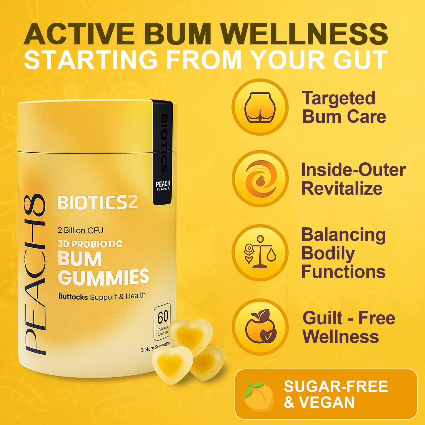 Peach8 Butt Support Women Probiotic Gummies - 60 SugarFree BBL Booty Vitamins C A Gummies, 2B Probiotics, Prebiotics, 4 Herbal Supplements Saw Palmetto, Black Maca, Motherwort for Bum Max Absorption - Medaid International