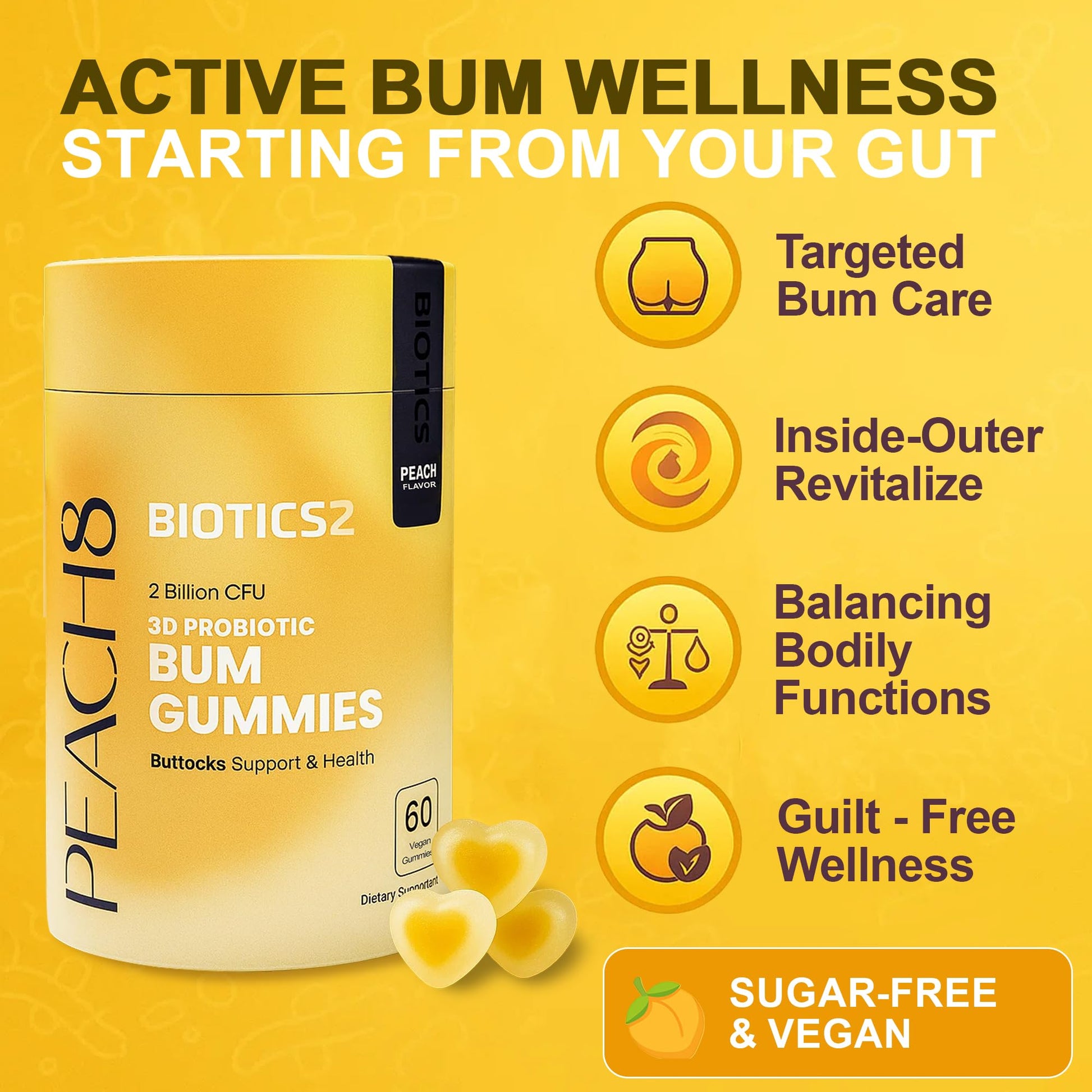 Peach8 Butt Support Women Probiotic Gummies - 60 SugarFree BBL Booty Vitamins C A Gummies, 2B Probiotics, Prebiotics, 4 Herbal Supplements Saw Palmetto, Black Maca, Motherwort for Bum Max Absorption - Medaid International