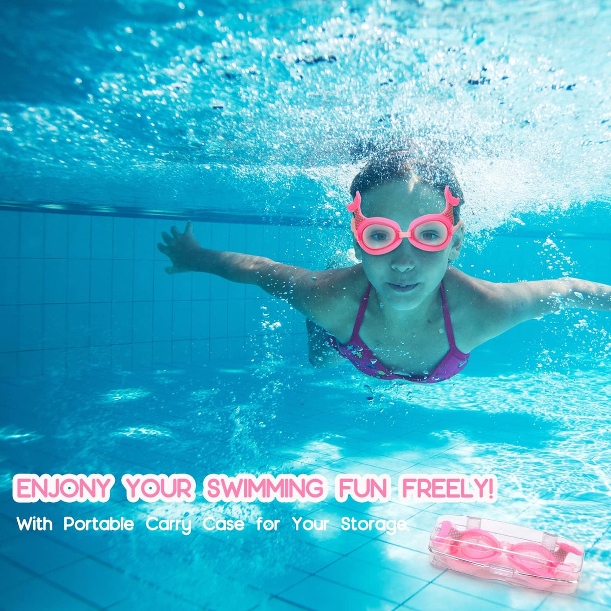 KASTWAVE Anti-Fog Swimming Goggles for Kids (Age 3-14) – Cute Mermaid Tail Design, UV Protection, Waterproof, with Ear Plugs, Nose Clip & Glasses Case