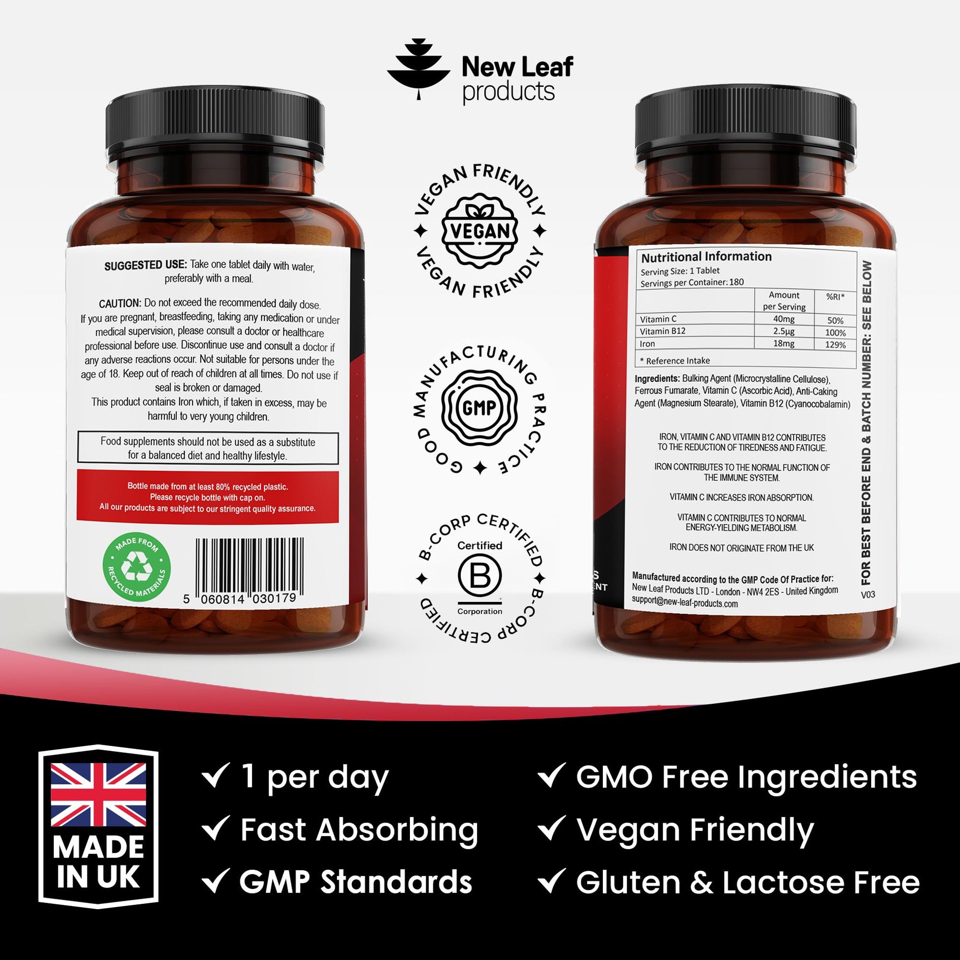 Iron Tablets 18mg High Absorbency with Vitamins A, C, B2, B12, and Folate - Helps Tiredness and Fatigue - Vegan Iron Supplements, Non-GMO Gluten-Free, GMP UK-Made, 180 Tablets 6 Months Supply - Medaid International