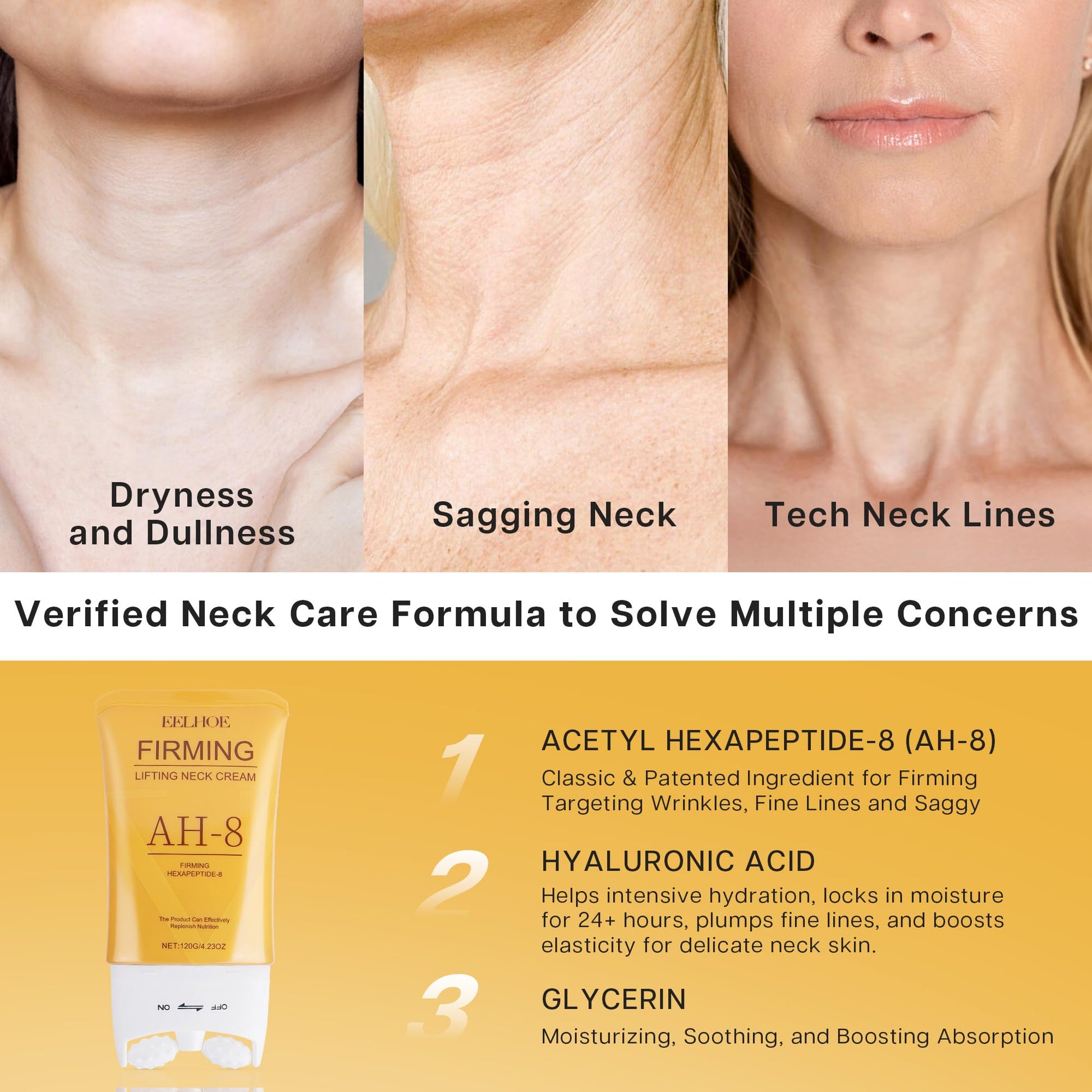 TINYLENS EELHOE 2PCS AH-8 Neck Firming Cream, 2-in-1 Roller Gua Sha Moisturizer for Sagging Neck, Double Chin & Face Lifting, with Hyaluronic Acid - Medaid International
