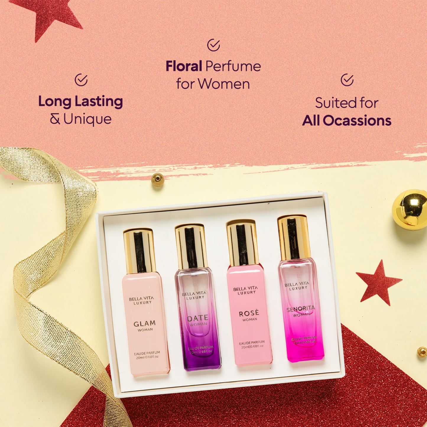 BellaVita Luxury Women's Perfume Gift Set (4x20ml) | Notes of Floral, Sweet, Spicey Red Fruit, Vanilla & Musk | DATE, SENORITA, GLAM & ROSE | French Parfum Collection Gift Set - Medaid International