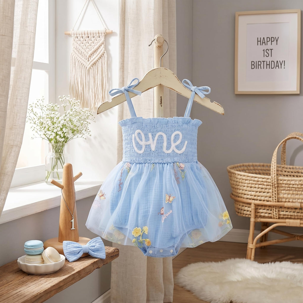 Baby Girl 1st Birthday Outfit, Floral ONE Tulle Romper Dress with Matching Headband Set, Sleeveless Princess Bodysuit Photo Props for 12-18 Months Cake Smash Party