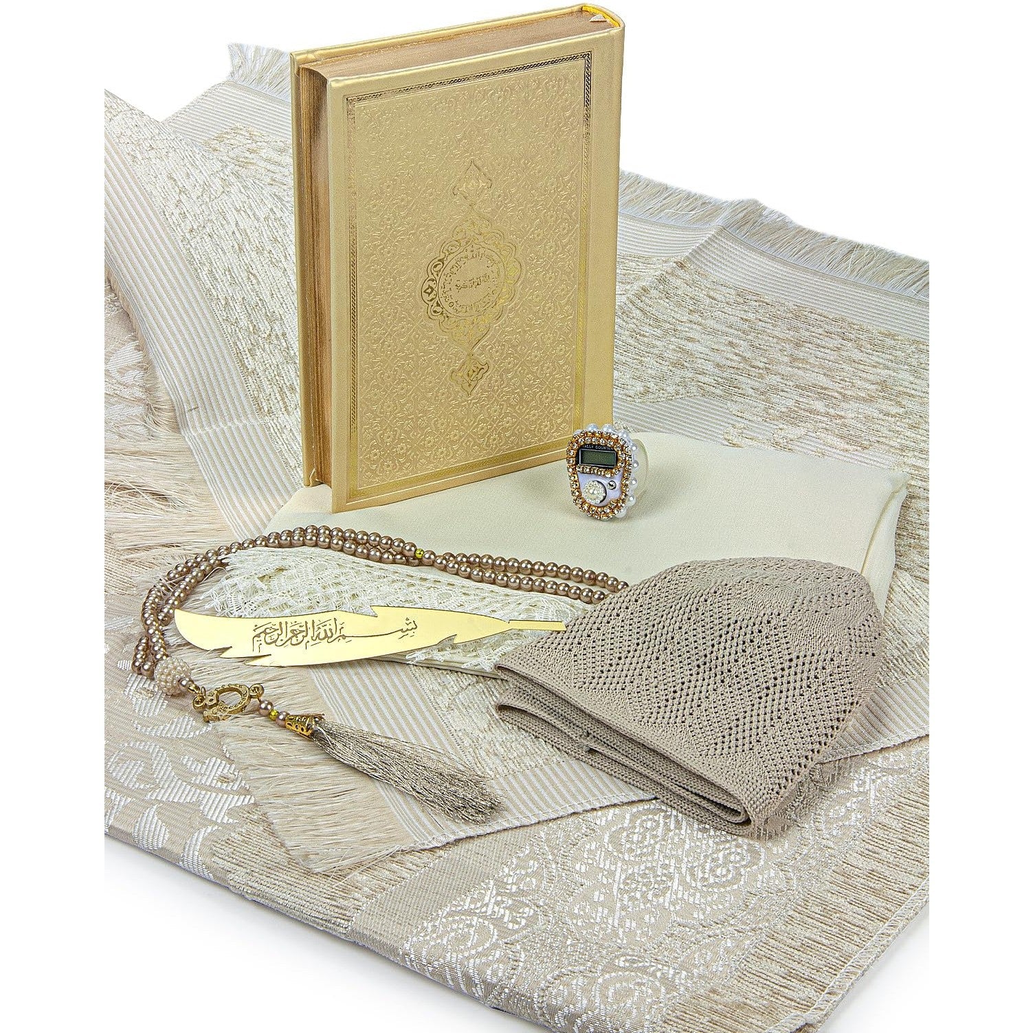 ihvan online Muslim Prayer Rug Set, Islamic Dowry Gift Box for Men & Women, Shawl, Kufi Hat, Digital Beads Counter, Quran Gift, Elegant Islamic Gifts Set for Ramadan & Eid & Wedding, Beige - Medaid International