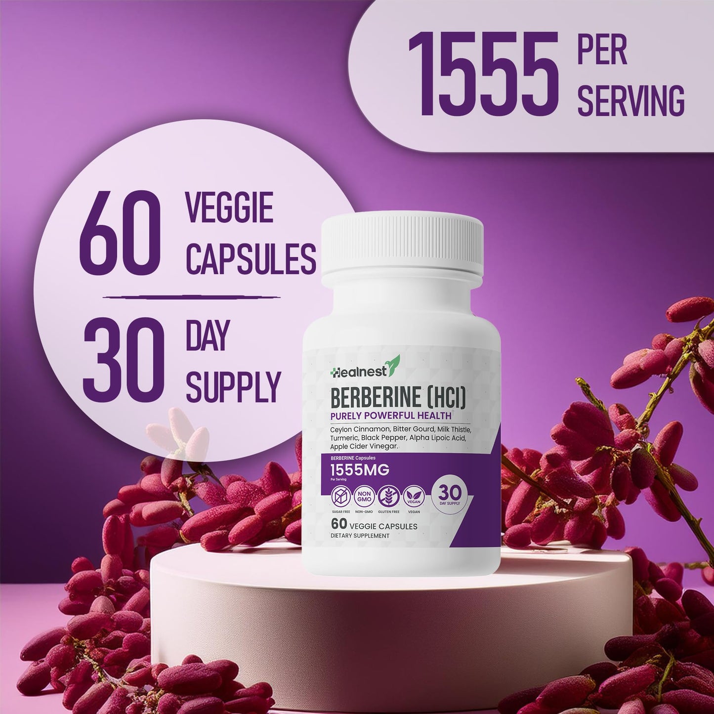 Berberine (HCI) 500mg - with Ceylon Cinnamon, Turmeric, Milk Thistle, Bitter Gourd, Alpha Lipoic Acid - Non-GMO, Gluten Free, 60 Vegan Capsules. - Medaid International