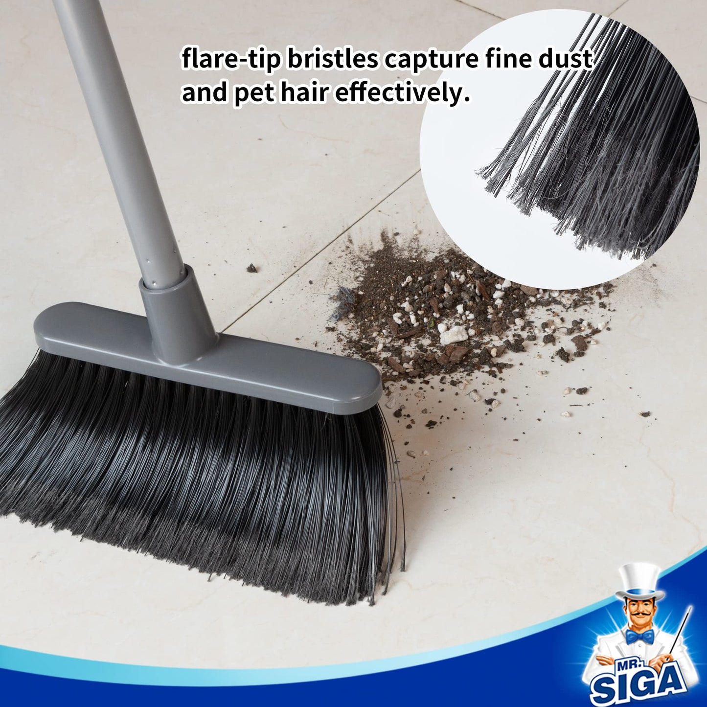 MR.SIGA Broom and Dustpan Set with Adjustable Long Handle, Upright Combo for Floor, Cleaning Lobby, Gray - Medaid International