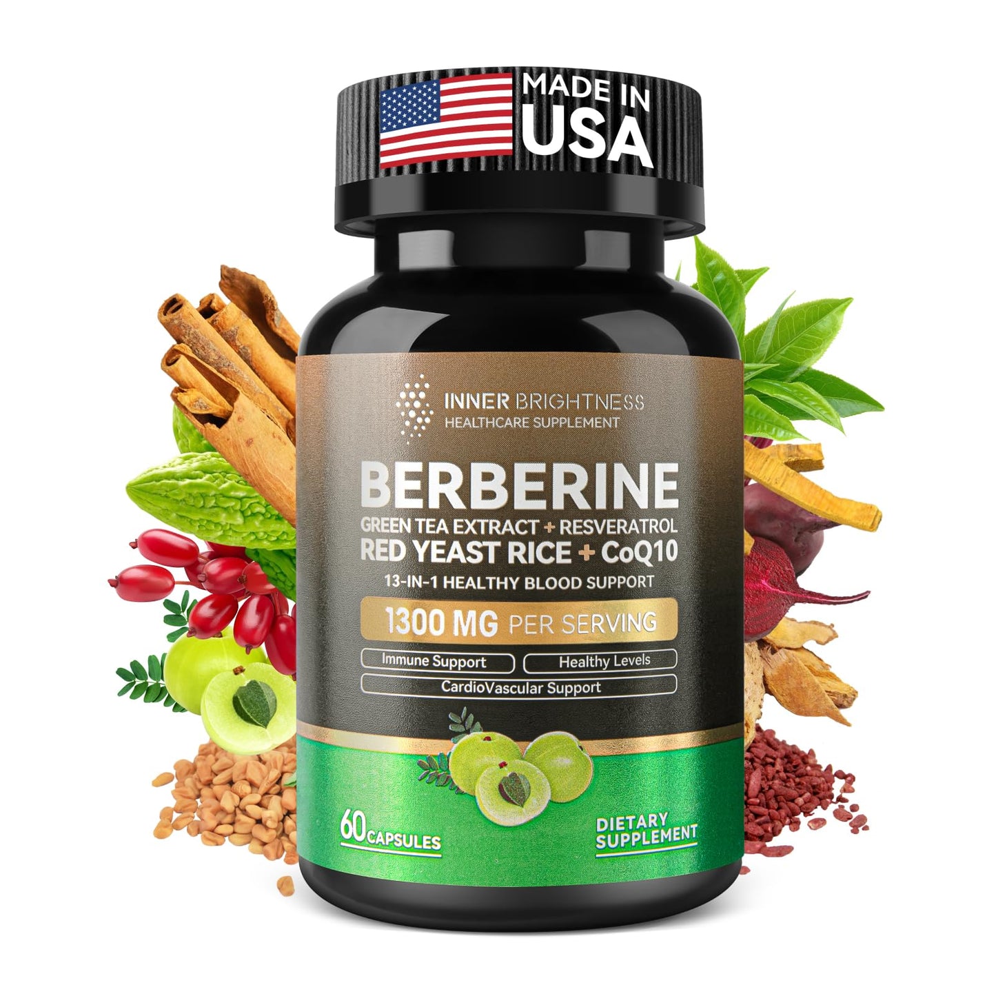 Berberine 1300mg with Green Tea Extract, Resveratrol, Red Yeast Rice & CoQ10 – 13-in-1 Immune Health, Natural Metabolic Support – 60 Capsules – Non-GMO, Lab Tested - Medaid International