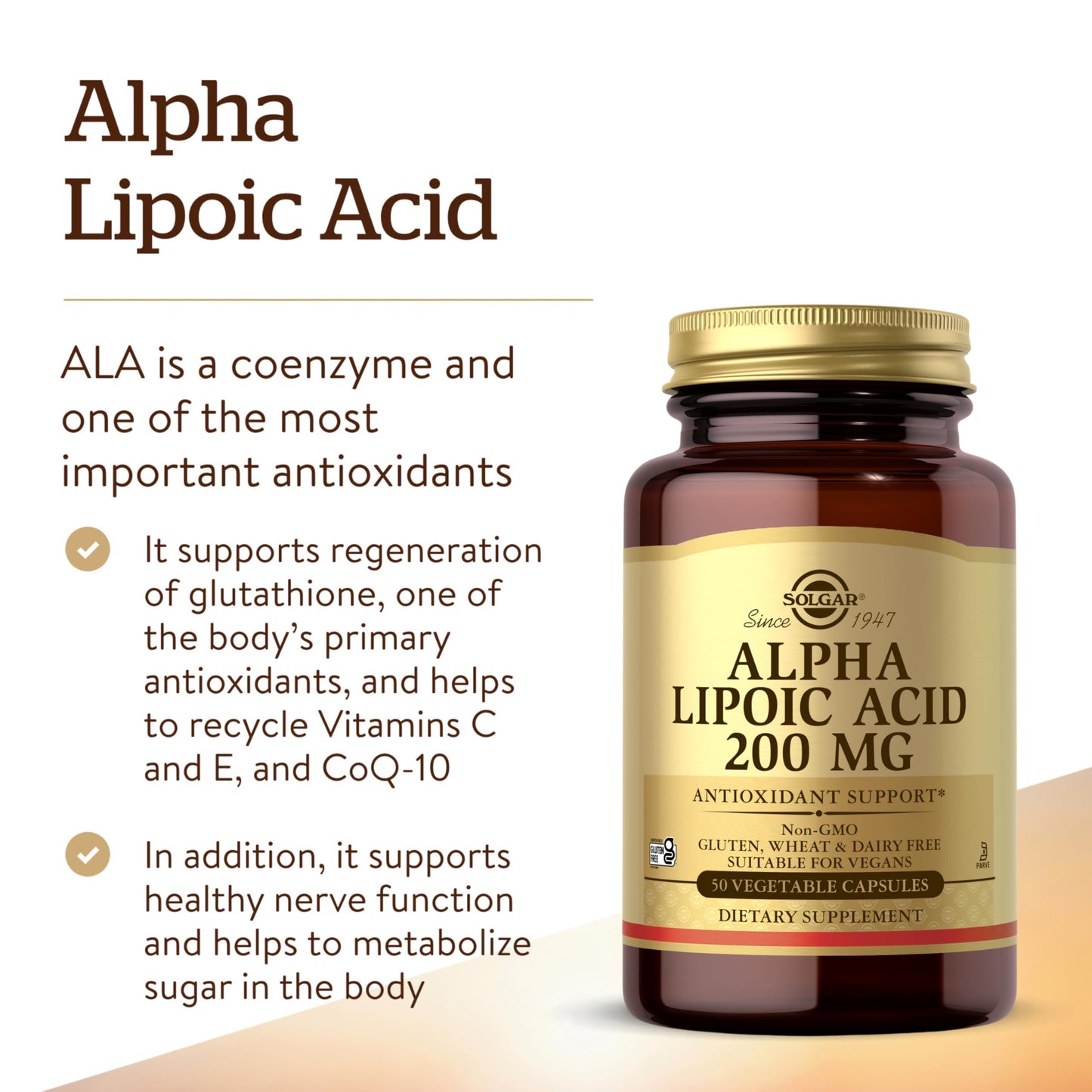 Solgar Alpha Lipoic Acid 200 mg, 50 Vegetable Capsules - Antioxidant Support - Helps to Recycle Glutathione, Vitamin C & E, CoQ-10 - Non-GMO, Vegan, Gluten Free, Dairy Free, Kosher - 50 Servings - Medaid International