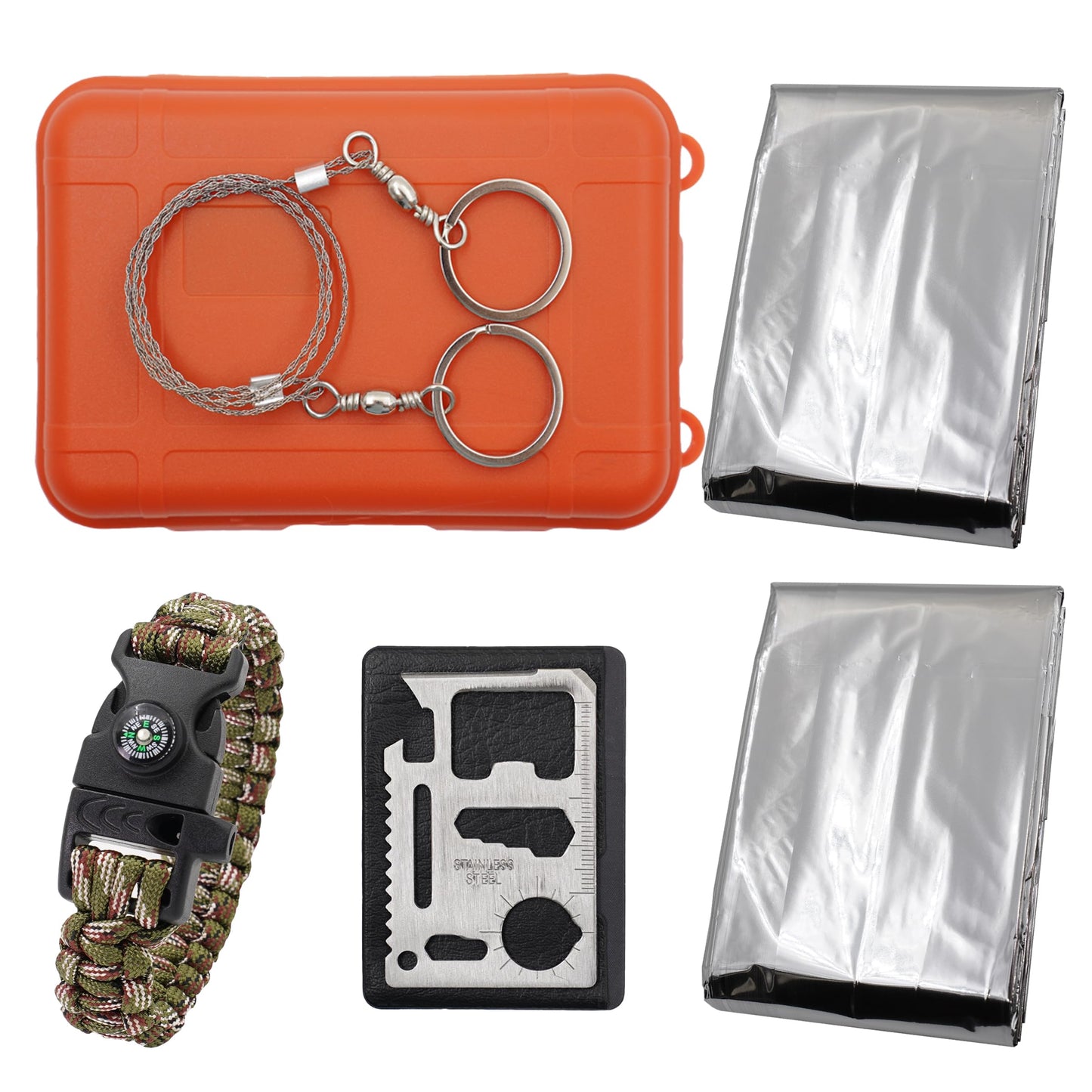 Wild Emergency Survival Kit - Airtight Survival Box,with Thermal Blankets, Survival Bracelet, Whistles, Compass,Steel Wire Saw,11 in 1 Card Multitool,for Camping,Outdoor Travel, Hiking Or First Aid.