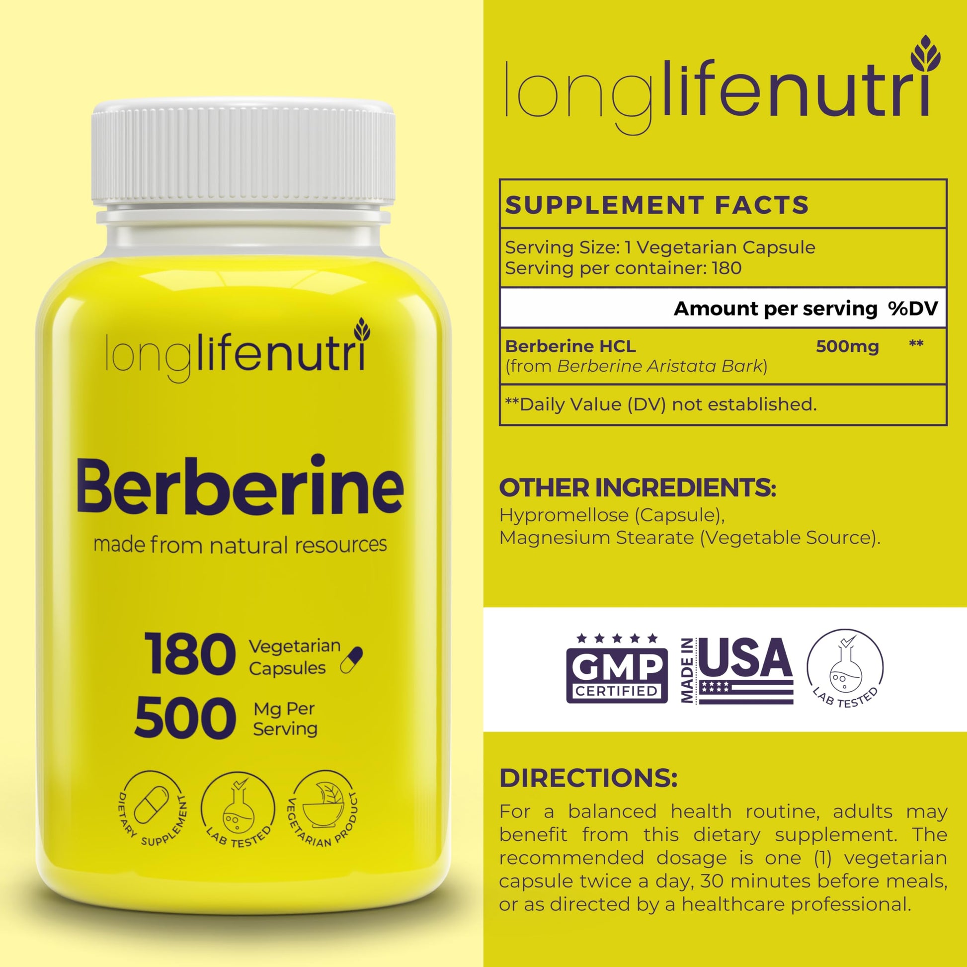 Berberine 500mg HCL Extract – from Berberis Aristata Vulgaris, 180 Vegetarian Capsules, Digestive Supplement for Overall Well-Being, 6-Month Supply, Non-GMO,1000mg per Serving, GMP Certified, USA Made - Medaid International