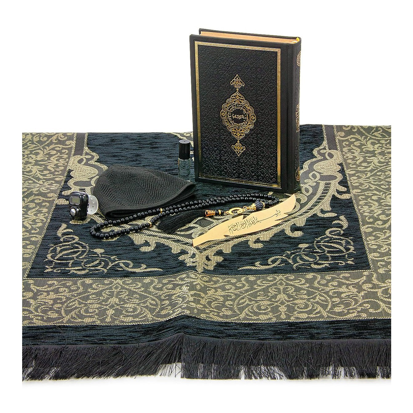 ihvan online, Muslim Prayer Rug Set, Arabic Quran, Prayer Beads, Mens Kufi Hat, Tasbeeh Counter, Islamic Scent, Dowry Gift Box for Men & Women, Janamaz, Salah Mat Gifts Set Wedding, Ramadan, Black - Medaid International