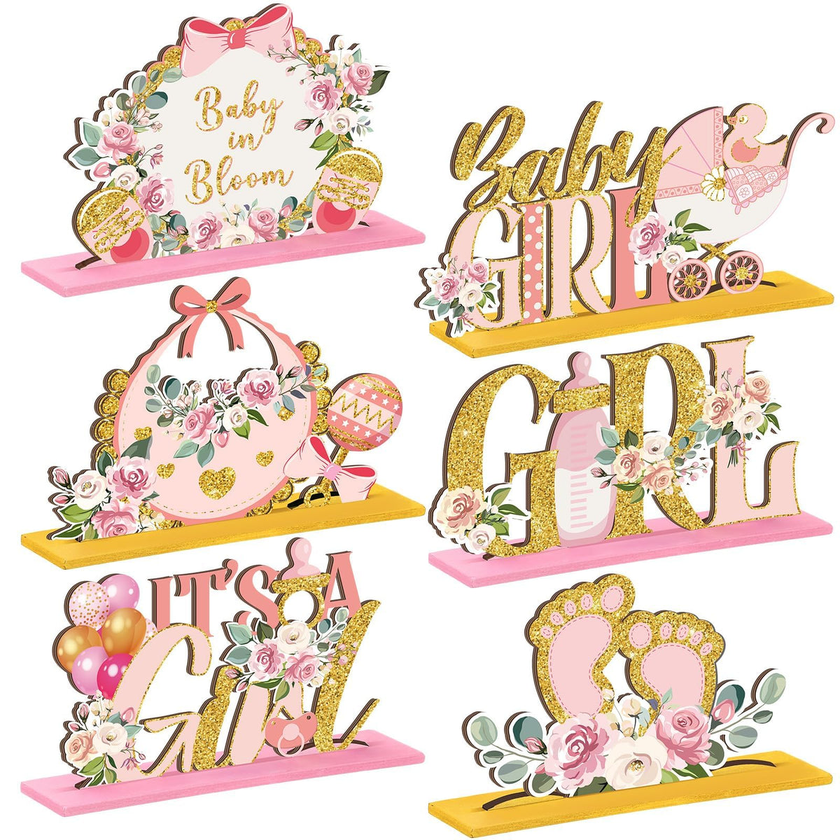 KASTWAVE 6 Pcs Floral Baby Shower Table Centerpieces, Wooden Baby in Bloom Decorations with Pink Rose Gold Letters, It's a Girl Gender Reveal Party Supplies, Summer Birthday Photo Props
