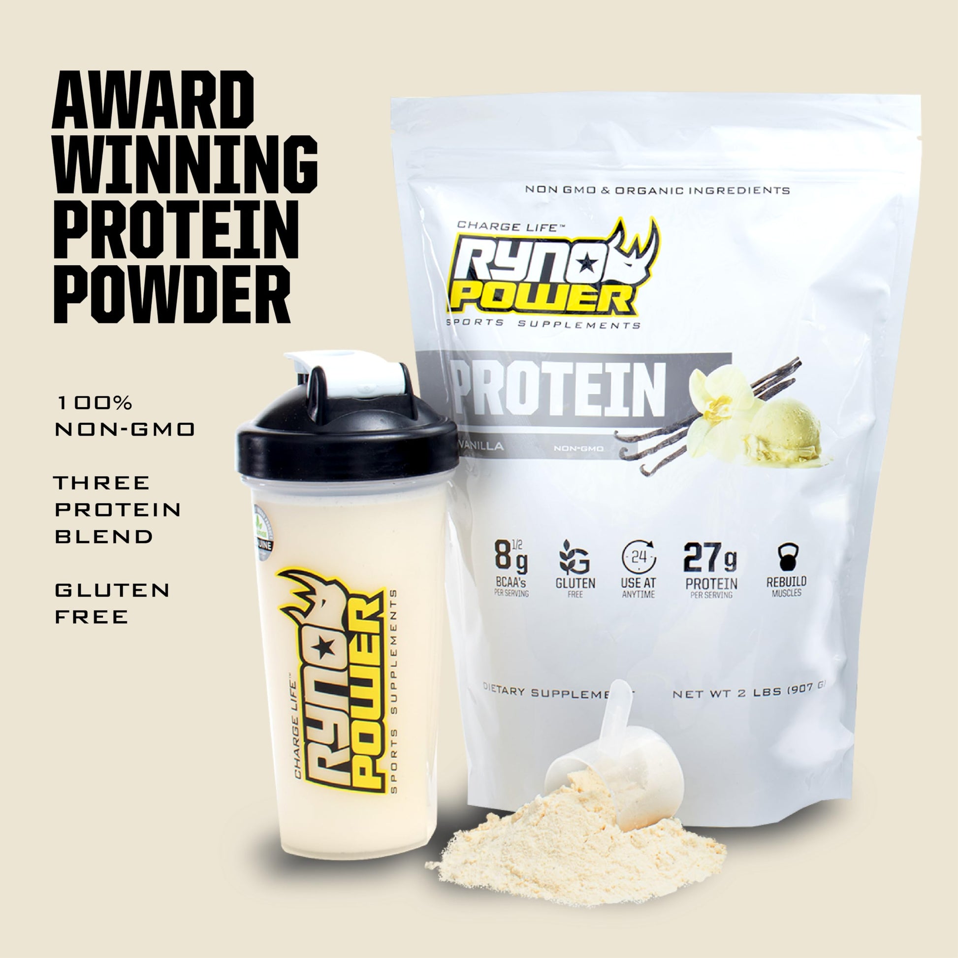 Ryno Power All Natural Whey Protein 2lb (20 Servings) 'Vanilla' - 100% Whey Protein Blend & No Fillers - Non GMO - Medaid International