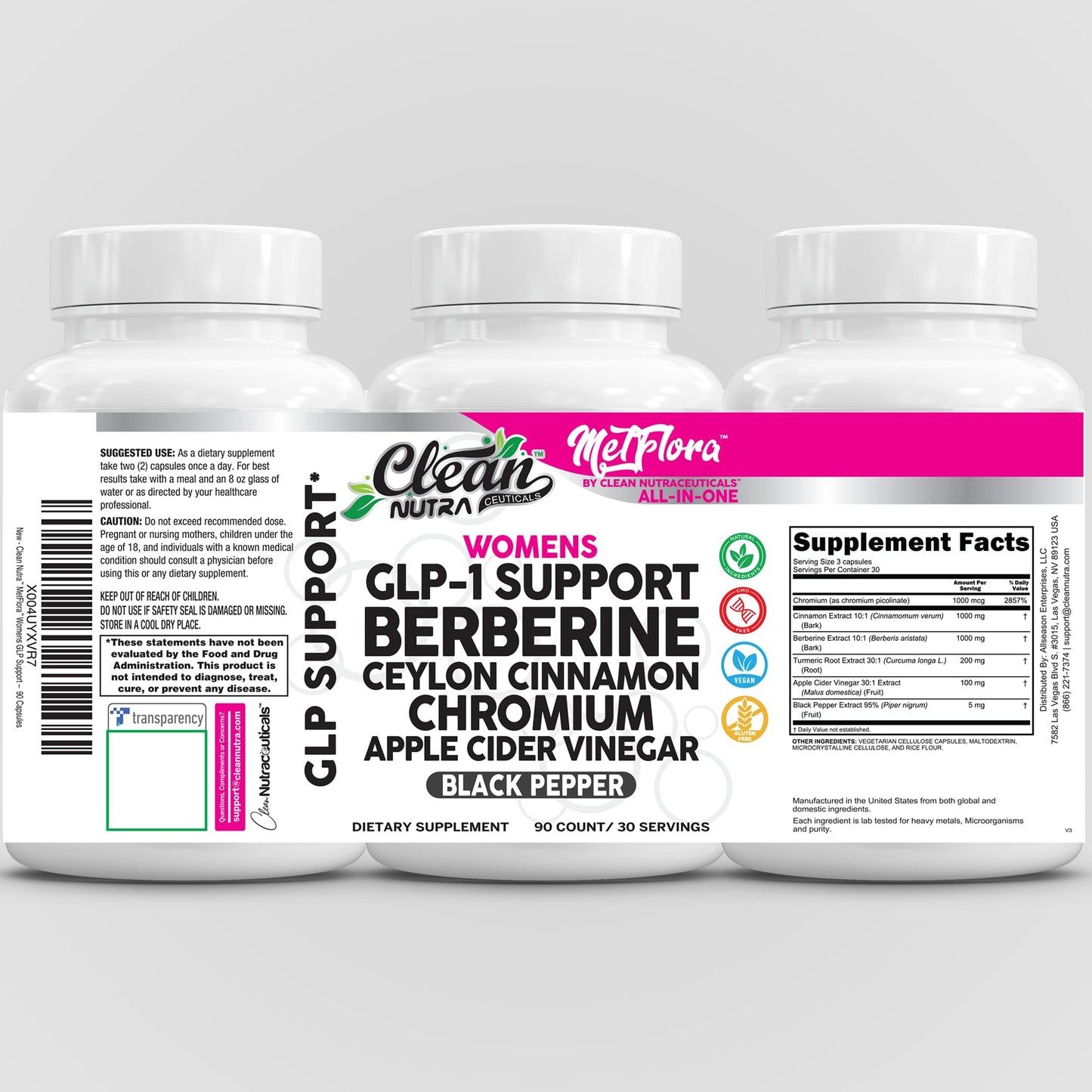 Clean Nutra Women's GLP-1 Support Complex, Berberine with Ceylon Cinnamon, Chromium, Apple Cider Vinegar, 90 Capsules - Medaid International