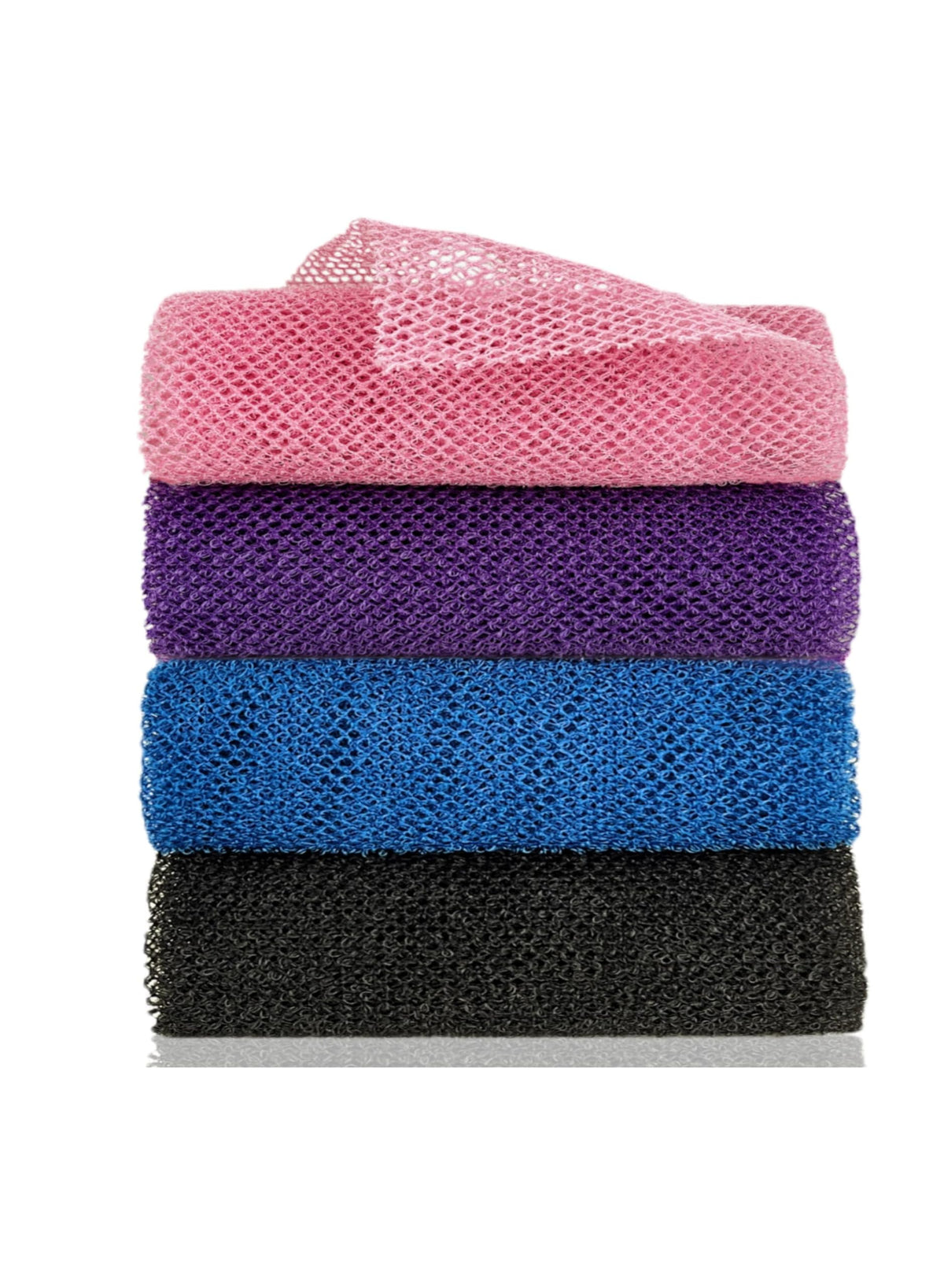 KASTWAVE African Exfoliating Net Sponges - 4 Pack Nylon Bath Scrubber for Smooth Skin, Long Shower Back Scrubber in Black, Blue, Pink, Purple