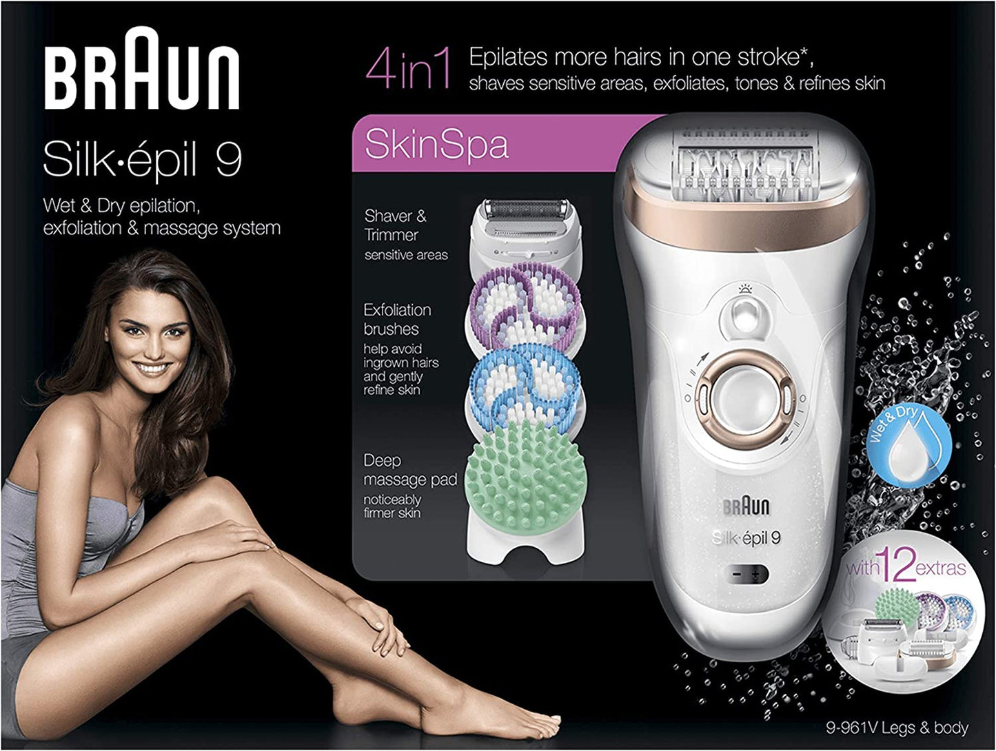 Silk-épil 9 SkinSpa (9-961V) Wet & Dry epilator with 12 extras including 3 exfoliation brushes.