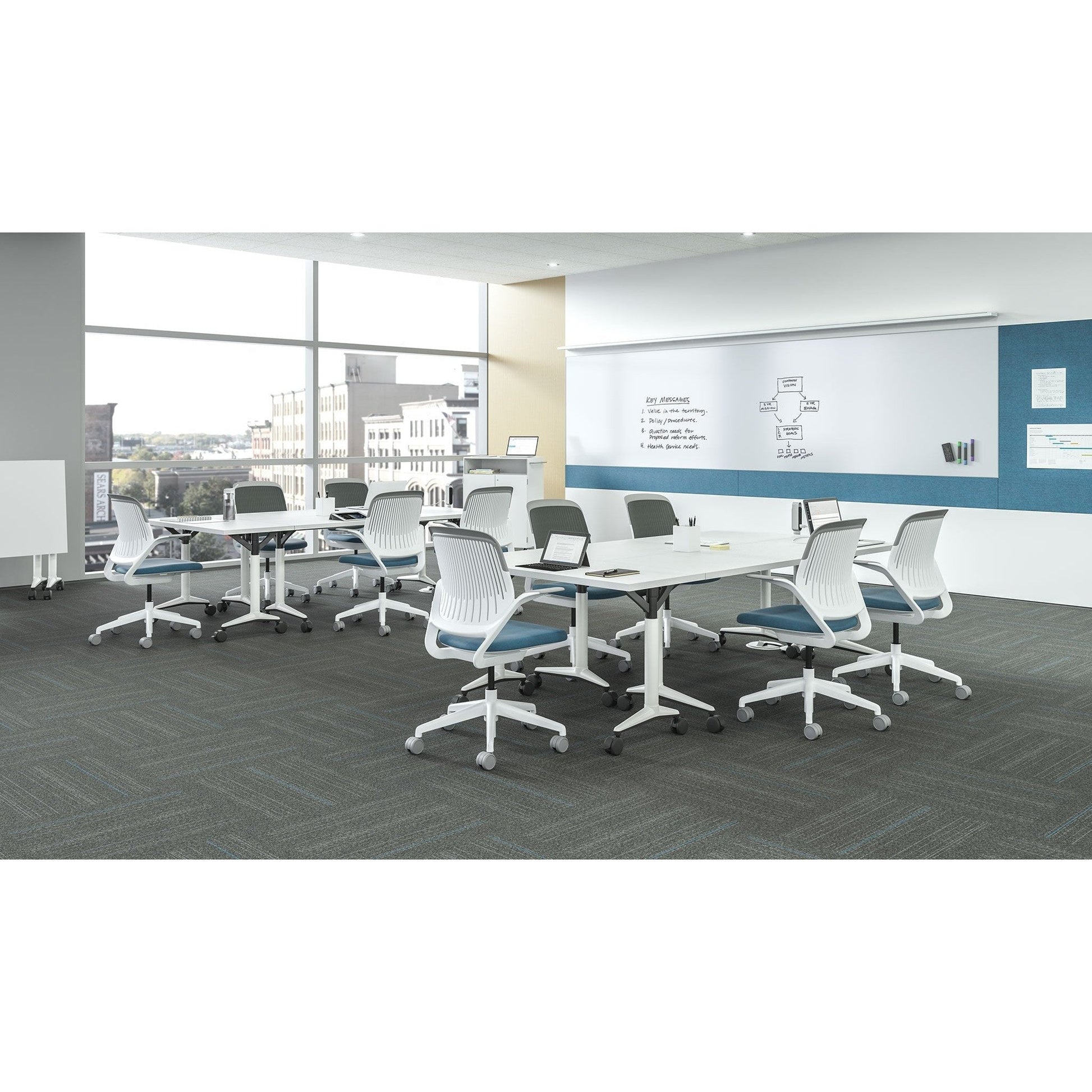 Steelcase Cobi Office Chair: Arms with Soft Arm Caps, White Frame, and Graphite Fabric with Standard Carpet Casters - Medaid International