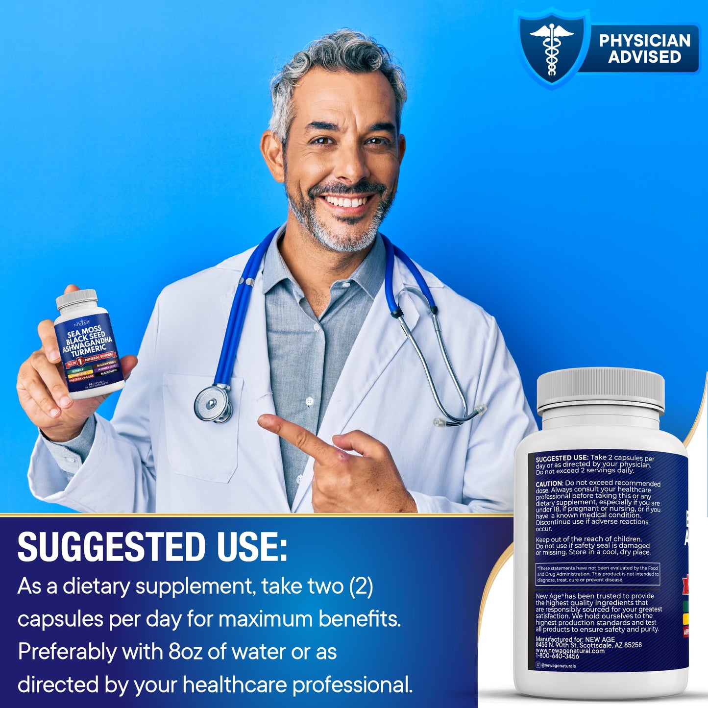 NEW AGE Sea Moss Capsules, Black Seed Oil Ashwagandha Turmeric Bladderwrack Burdock - with Manuka, Honey Dandelion, ACV Black Pepper Gluten Free - Medaid International