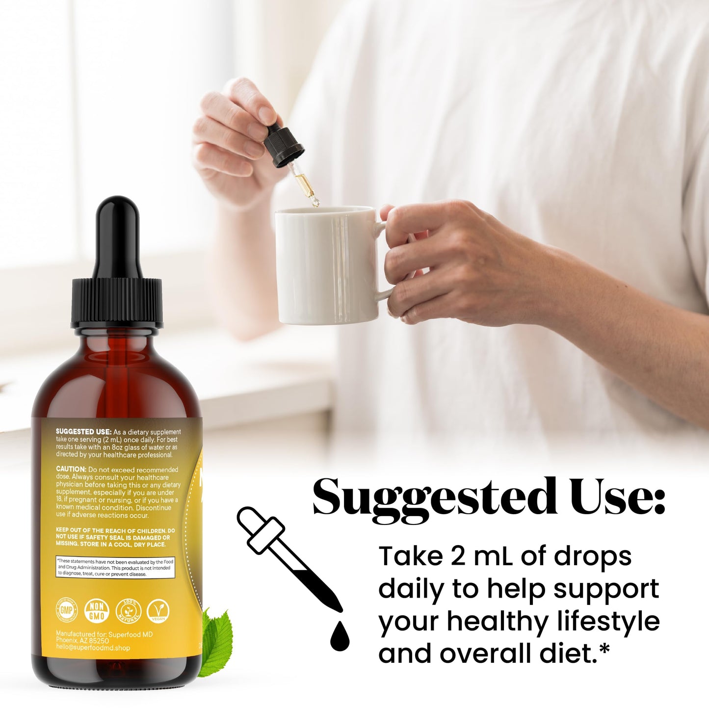 Superfood MD Maca Root Liquid Drops with Ashwagandha, Nettle, Fenugreek, Beet Root and L-Arginine Liquid Multivitamin for Women and Men - 4 Oz - Medaid International