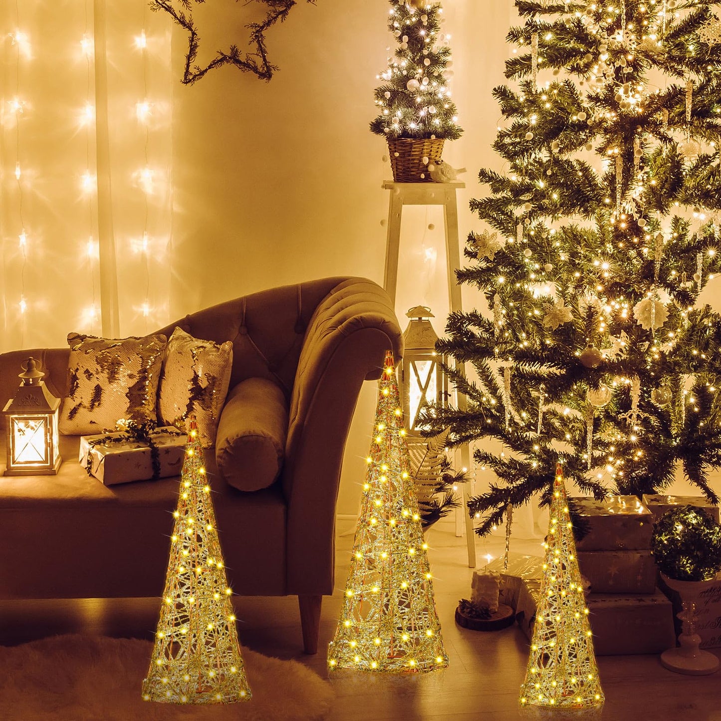 Baquler 3 Pcs LED Lighted Christmas Cone Trees Christmas Tree Ornament Gold Glittered Battery Operated Christmas Decoration Xmas Table Decor for Indoor Home Bedroom Tabletop Centerpiece Holiday Party - Medaid International
