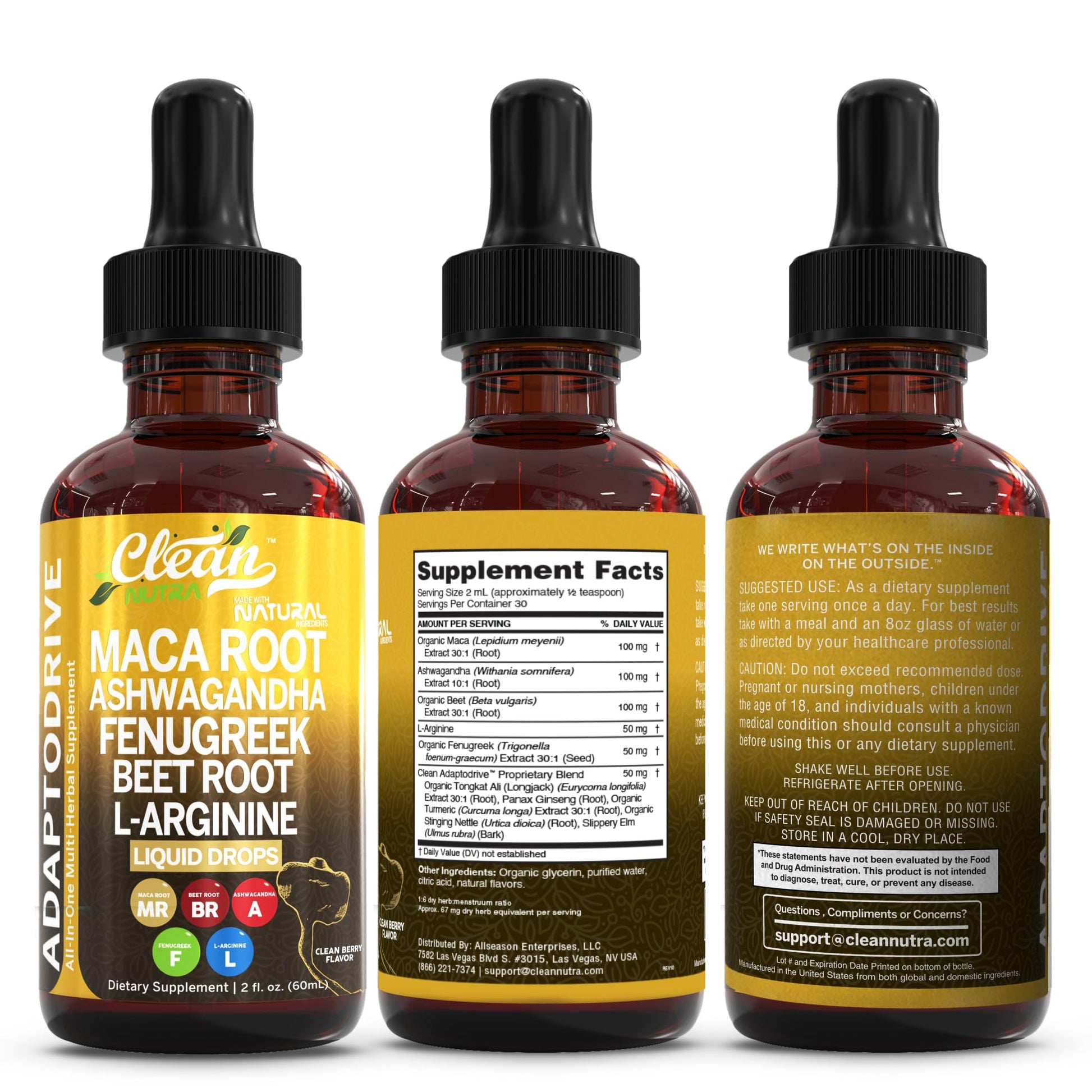 Clean Nutra Organic Maca Root Liquid Drops with Ashwagandha, Fenugreek, Beet Root and L-Arginine Liquid Multivitamin for Women and Men - Adapto Drive - Medaid International