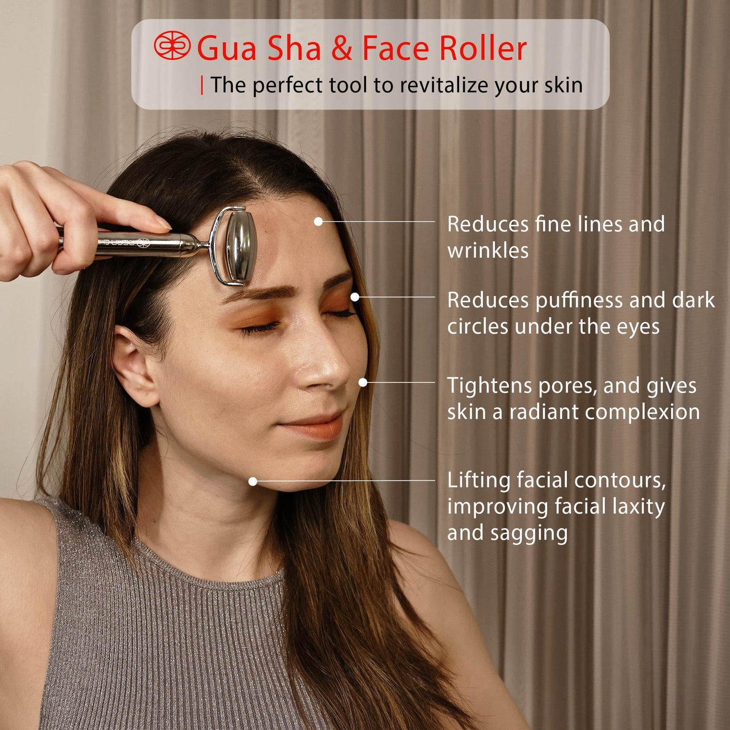 Rena Chris Gua Sha and Face Roller Set: Anti-Breakage Stainless Steel Roller for Long-Lasting Use, Jawline Sculpting and Puffiness Reducing, Gua Sha Facial Tools for Self Care Gift (Silver) - Medaid International