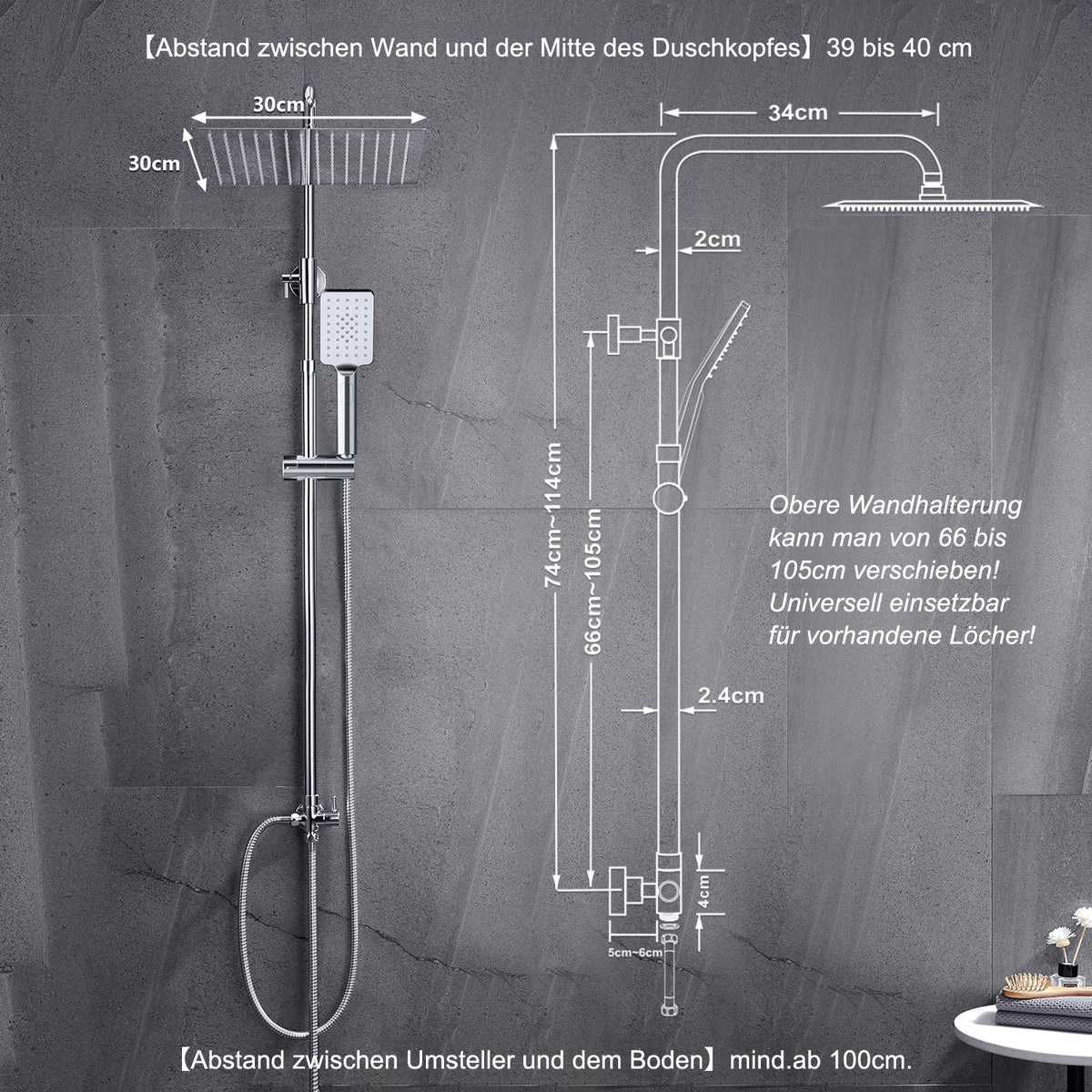 Görbach Stainless Steel Shower System, Shower Set without Luminaire, Rain Shower, Overhead Shower Set Chrome Square (SJ-E3030CP)