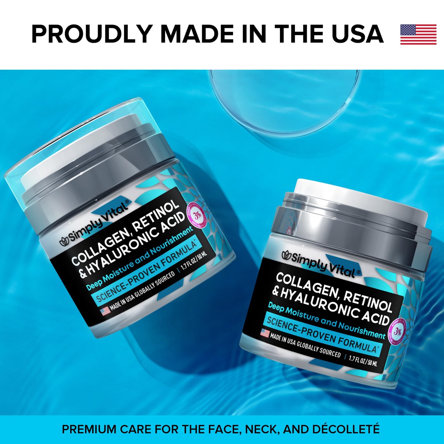 SimplyVital Collagen, Retinol & Hyaluronic Acid Cream - Anti-Aging Face Moisturizer for Face, Firming Skin Care Neck & Décolleté - Made in USA, Daily Moisturizer Face Cream Day & Night - 1.7 fl.oz. - Medaid International