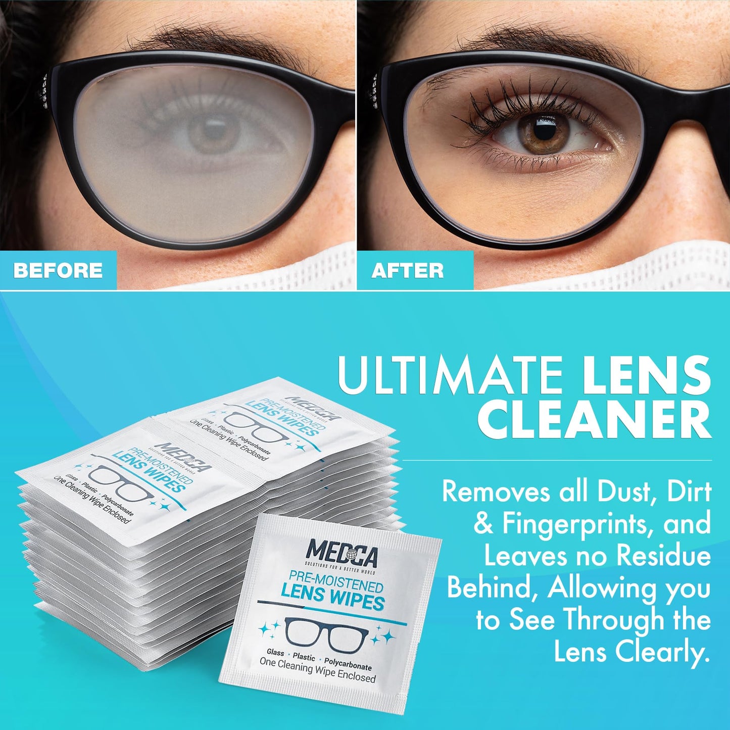 Premoistened Lens and Glass Cleaning Wipes - Portable Travel Cleaner for Glasses, Camera, Cell Phone, Smartphone, and Tablet - Disposable, Quick Drying, Streak Free - Individually Wrapped, Pack of 100 - Medaid International