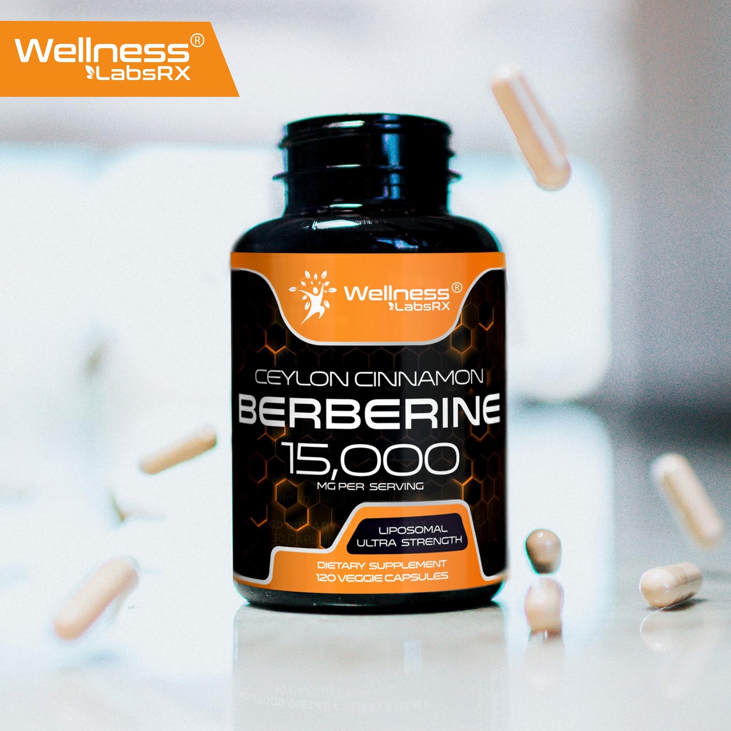 WELLNESS LABSRX Berberine 15,000mg - Third-Party Tested Berberine Supplement HCL with Ceylon Cinnamon, Black Pepper Extract and Apple Cider Vinegar, Heart Support Capsules - 120 Capsules - Pack of 1 - Medaid International