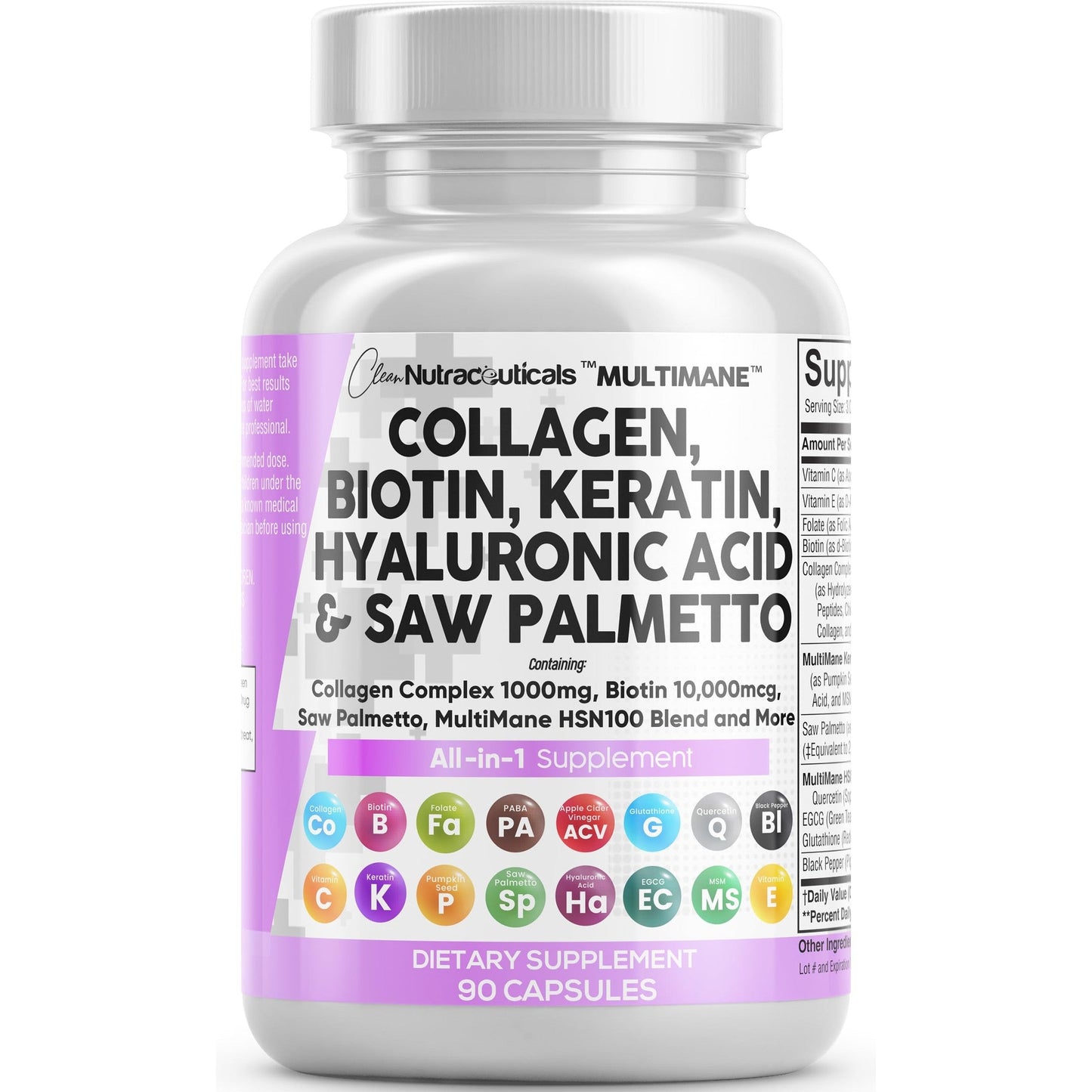 Clean Nutraceuticals Collagen Pills 1000mg Biotin 10000mcg Keratin Saw Palmetto Hyaluronic Acid - Hair Skin & Nails Vitamins & DHT Blocker with Vitamin E Folic Acid Pumpkin Seed MSM - 90 Count - Medaid International
