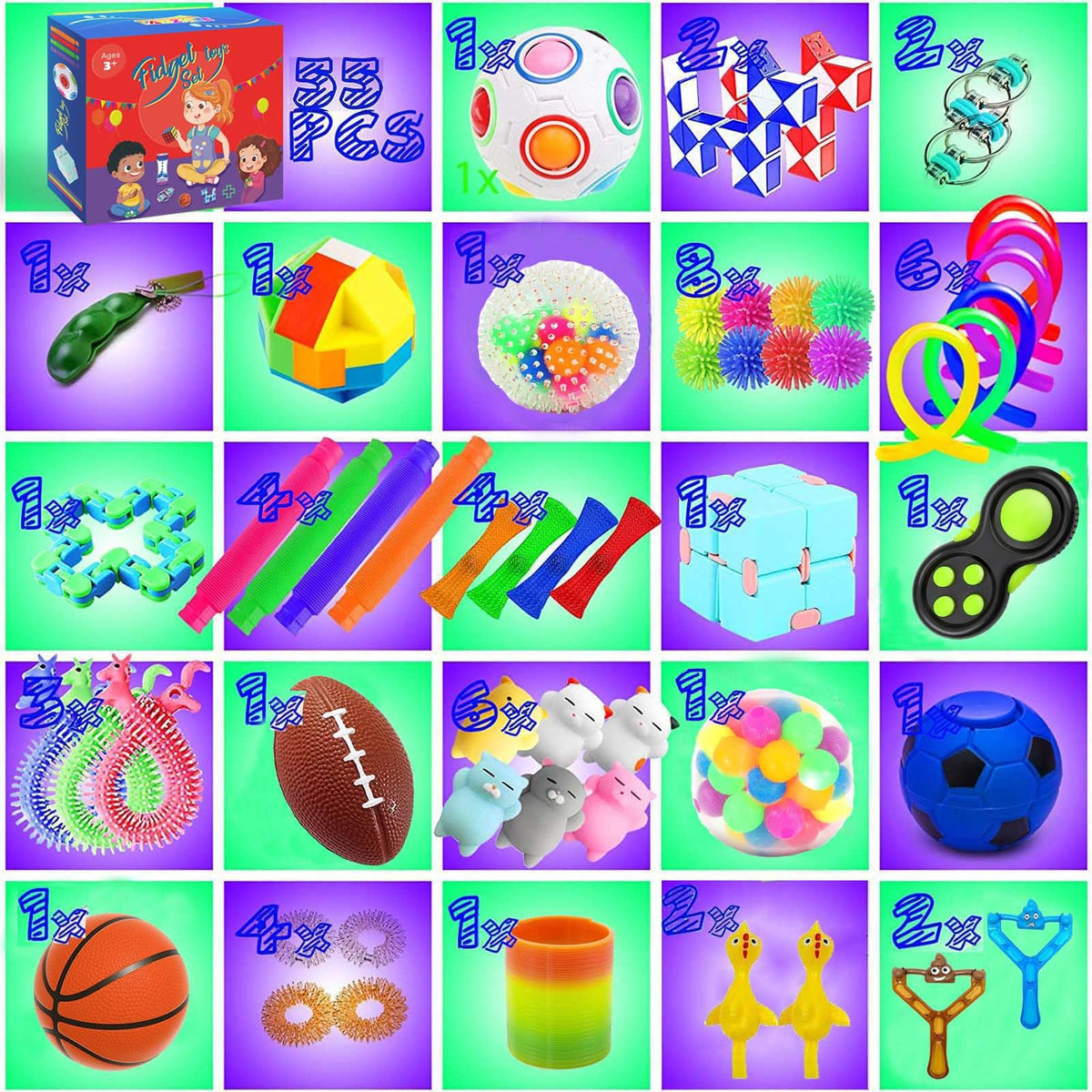 Sensory Toys Set 55 Pack, Stress Relief Fidget Hand Toys for Adults and Kids, Sensory Fidget and Squeeze Widget for Relaxing Therapy