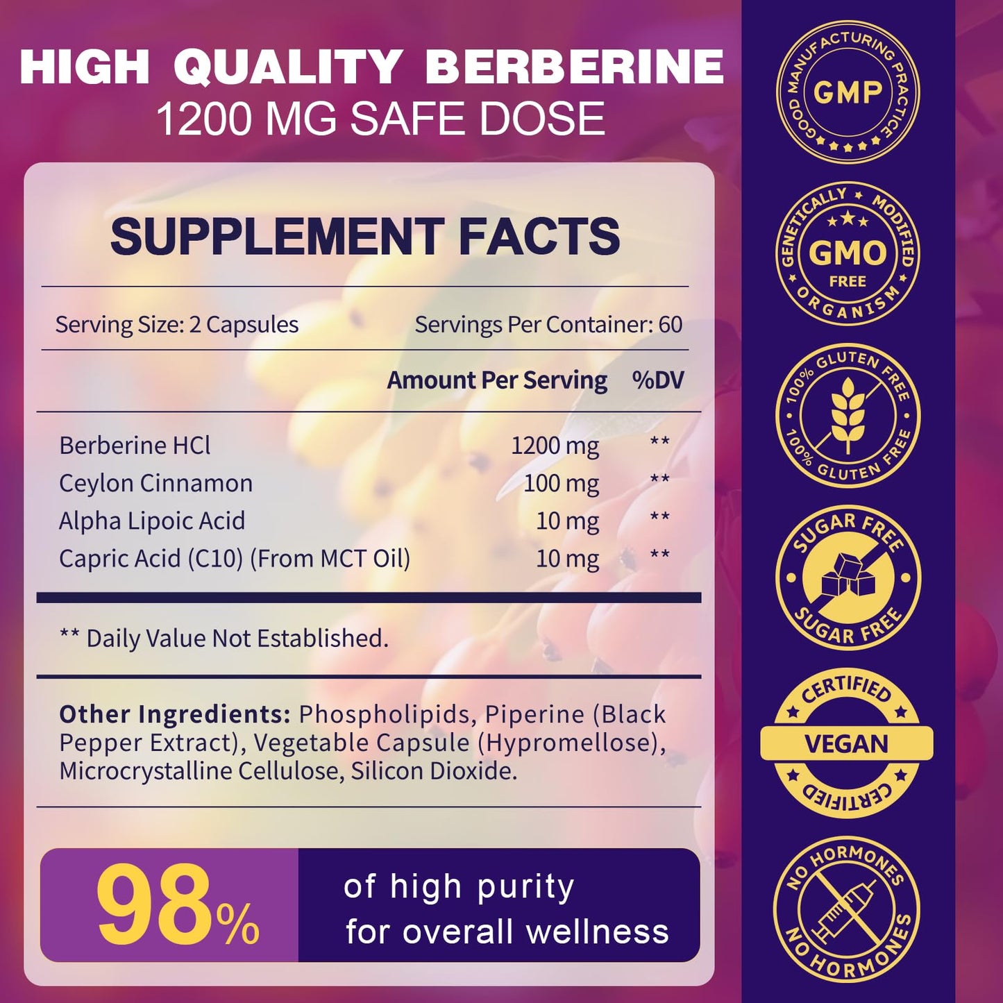 ZEBORA Premium Berberine HCL Supplement 1200 mg, Berberine GLP-1 Support with Ceylon Cinnamon, ALA & Capric Acid, Supports Immune & Antioxidant, Non-GMO, 120 Capsules - Medaid International
