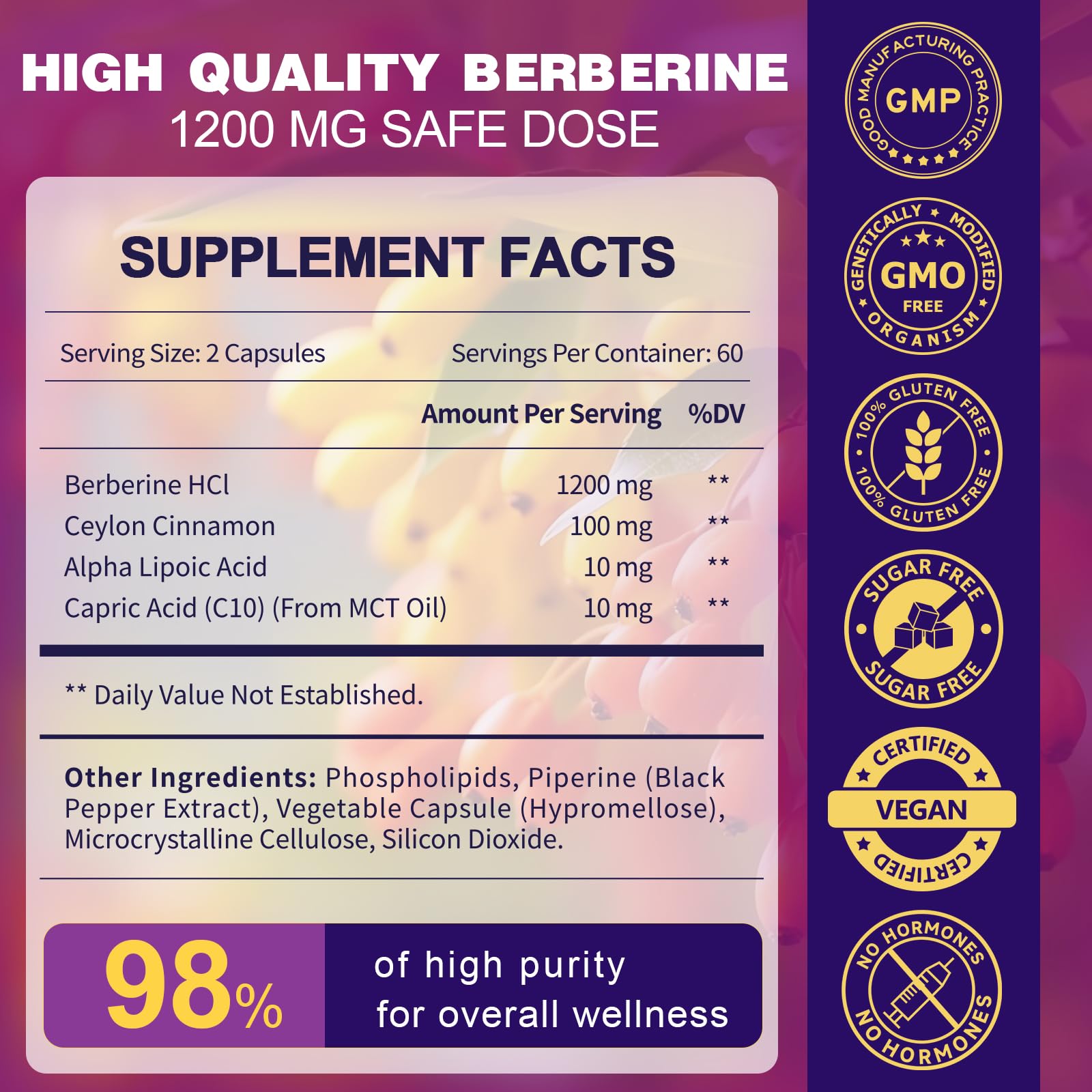 ZEBORA Premium Berberine HCL Supplement 1200 mg, Berberine GLP-1 Support with Ceylon Cinnamon, ALA & Capric Acid, Supports Immune & Antioxidant, Non-GMO, 120 Capsules - Medaid International