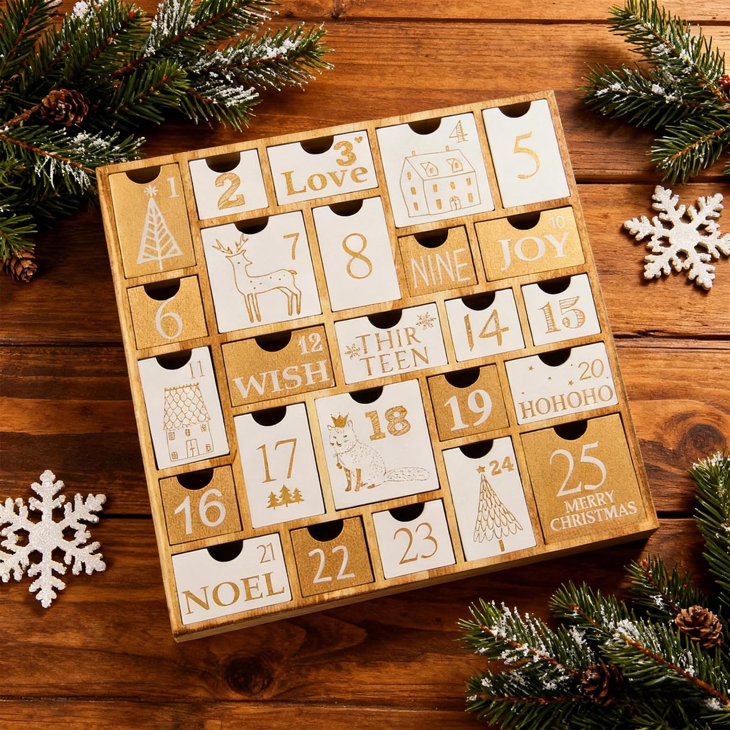 Juegoal Advent Calendar with 25 Drawers Countdown to Christmas, Refillable Wooden Advent Xmas Gift for Kids, 12 Inches Tall - Medaid International