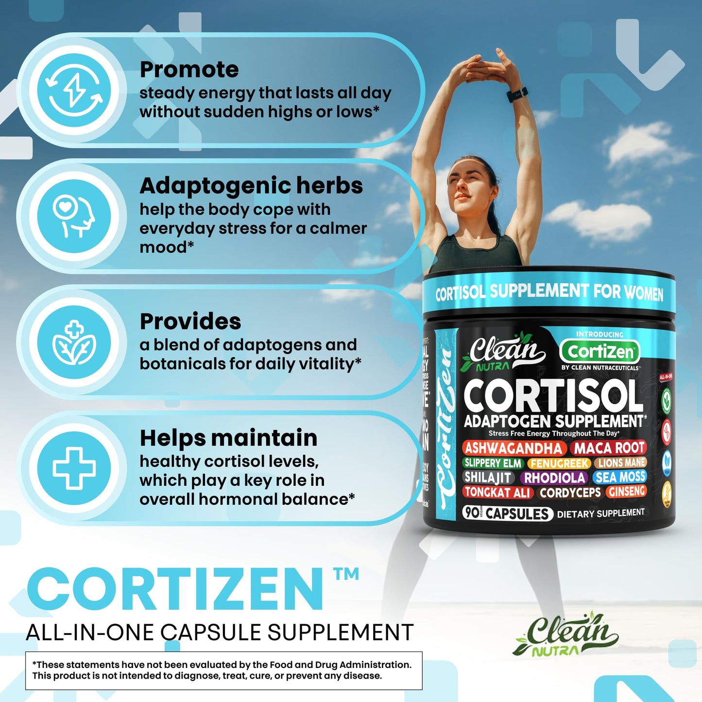 Clean Nutra Cortisol Supplements For Women | Maca Root Ashwagandha Cortisol Detox Manager Reducer + Slippery Elm Fenugreek Lions Mane Shilajit Rhodiola Sea Moss Tongkat Ali Cordyceps Ginseng Beet Root - Medaid International