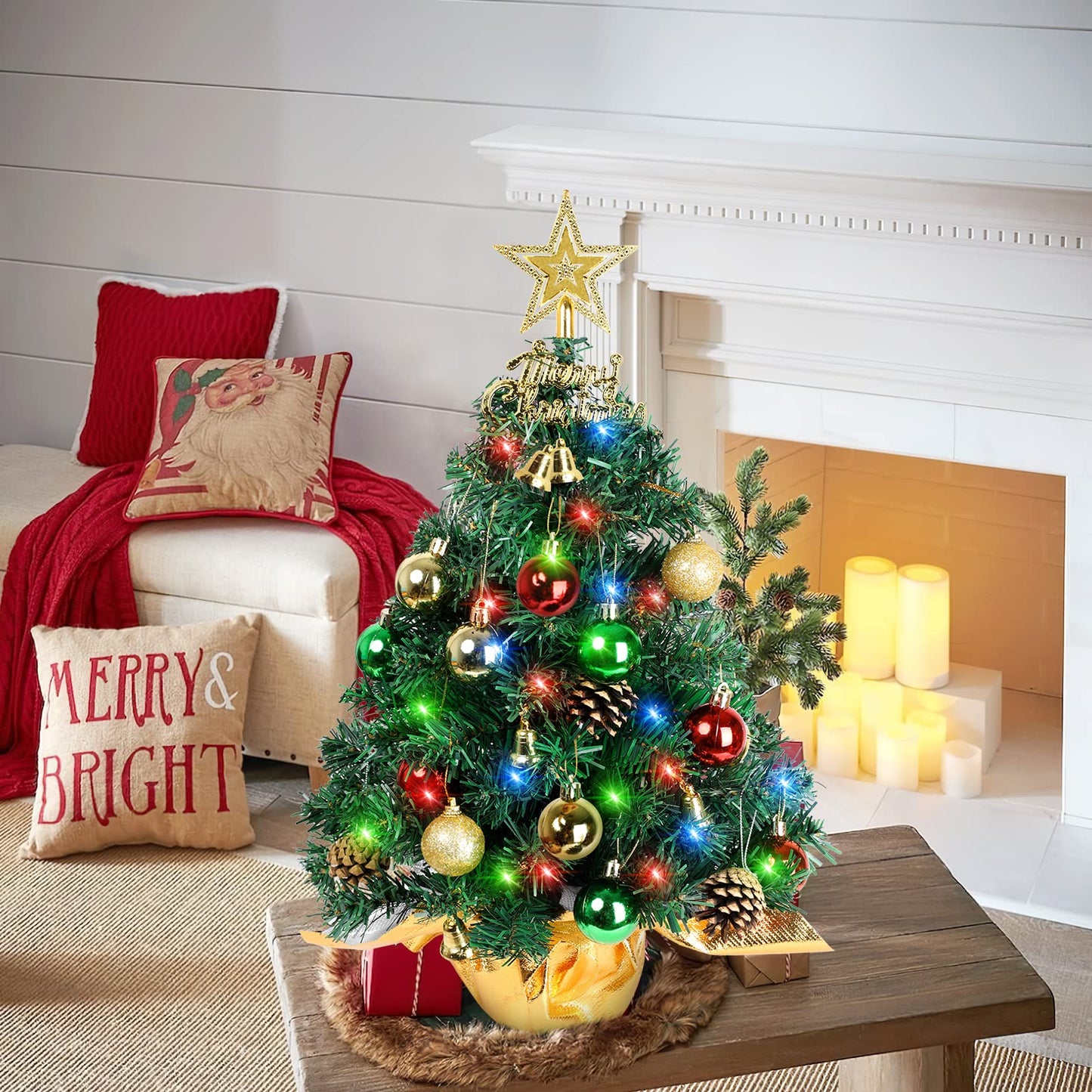 AGIRL Tabletop Christmas Tree 22 Inch Mini Artificial Christmas Tree with 30 LED String Lights, Star Tree, Tabletop Small Xmas Tree for Holiday Indoor DIY Christmas Decor - Medaid International