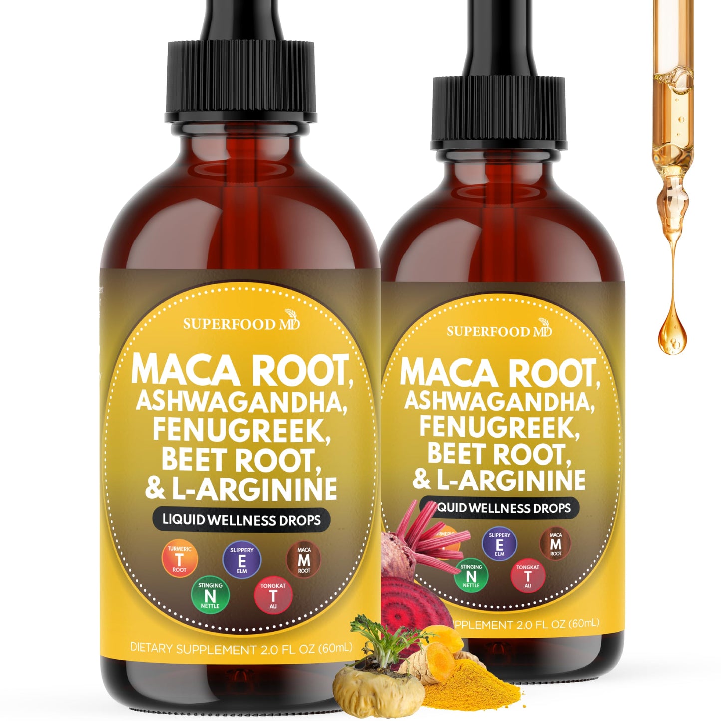 Superfood MD Maca Root Liquid Drops with Ashwagandha, Nettle, Fenugreek, Beet Root and L-Arginine Liquid Multivitamin for Women and Men - 4 Oz - Medaid International
