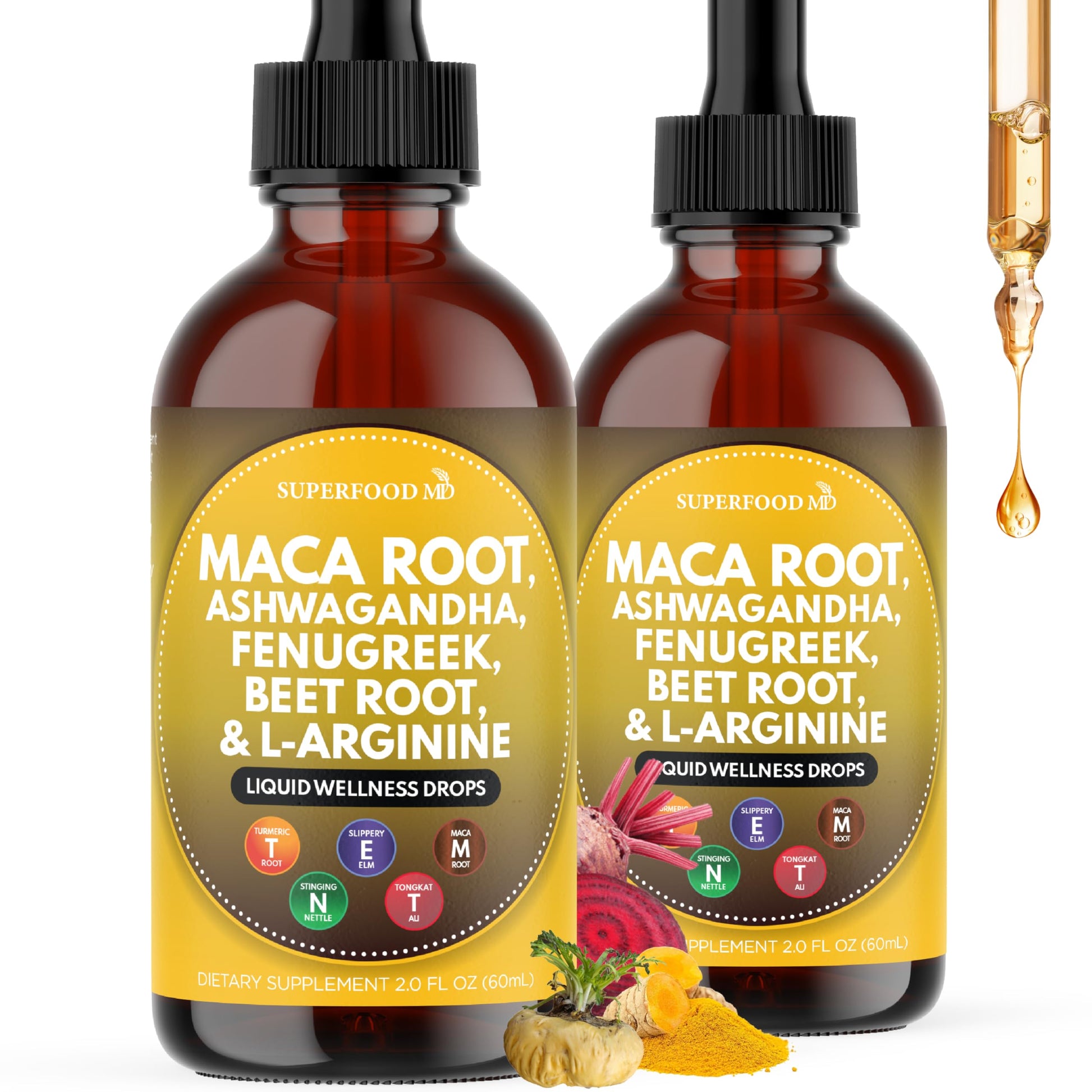 Superfood MD Maca Root Liquid Drops with Ashwagandha, Nettle, Fenugreek, Beet Root and L-Arginine Liquid Multivitamin for Women and Men - 4 Oz - Medaid International