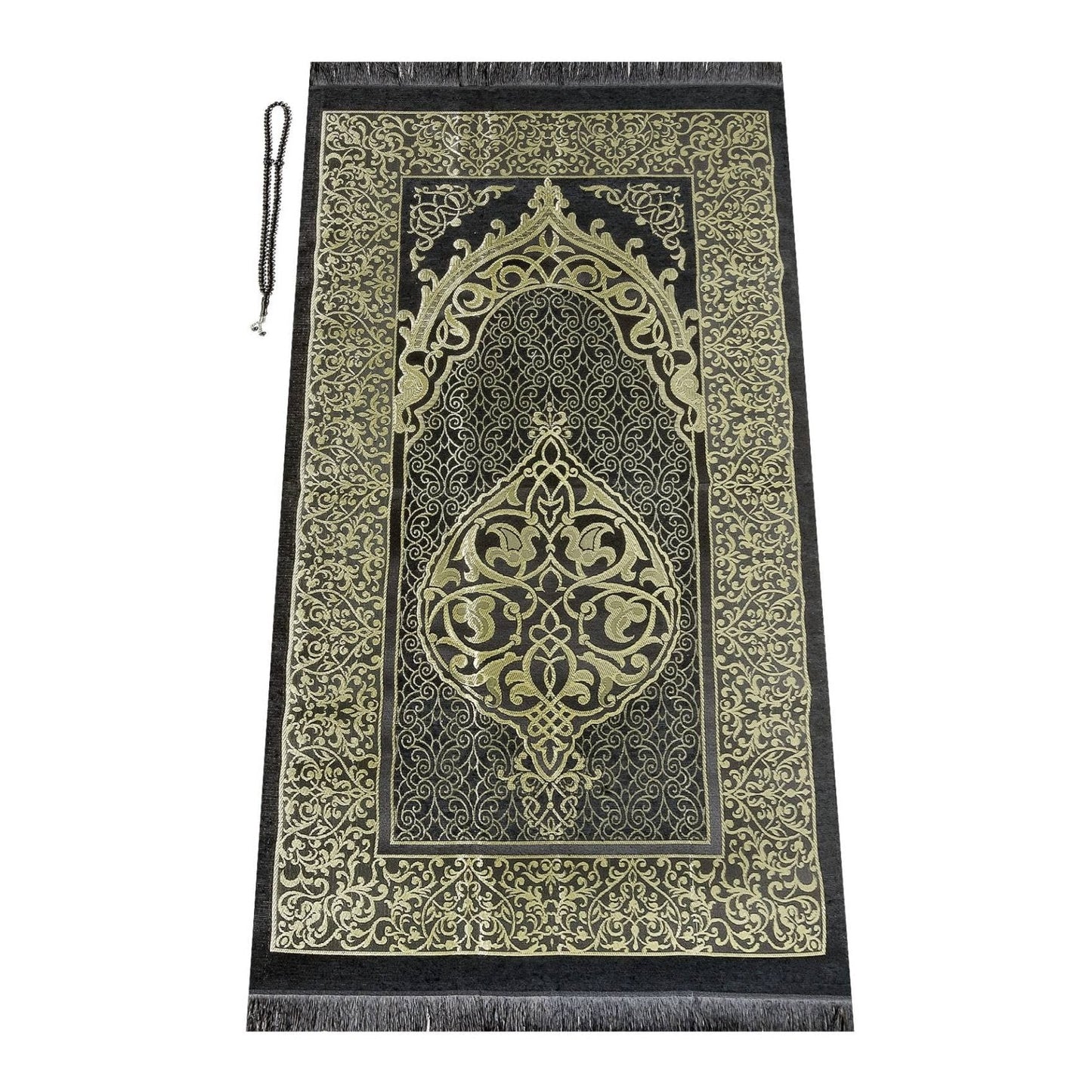 ihvan online Muslim Soft Prayer Rug, Carpet Mat and Prayer Beads with Elegant Design Cylinder Gift Box Set, Janamaz, Sajadah, Islamic, Taffeta Fabric, Black / Mod2 - Medaid International