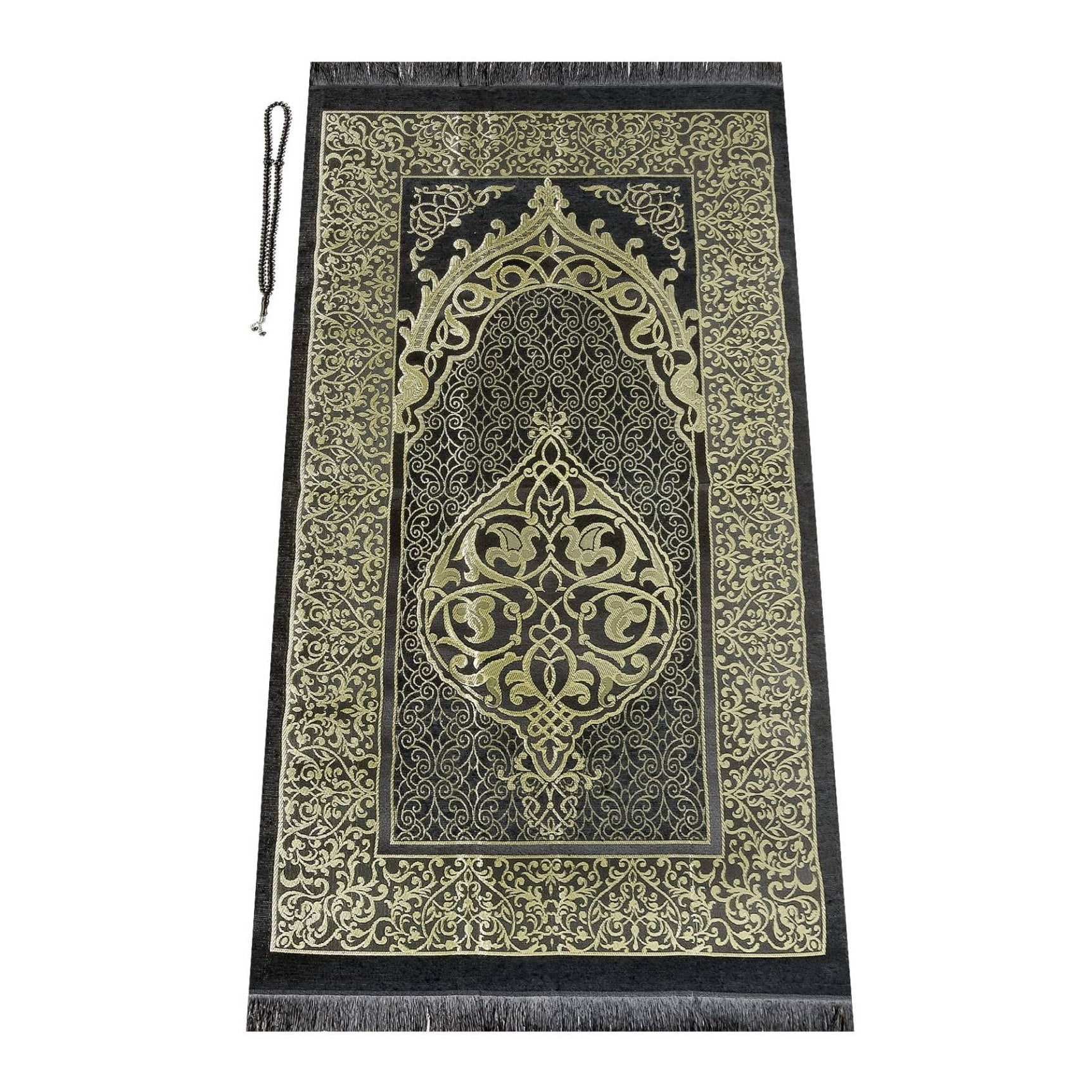ihvan online Muslim Soft Prayer Rug, Carpet Mat and Prayer Beads with Elegant Design Cylinder Gift Box Set, Janamaz, Sajadah, Islamic, Taffeta Fabric, Black / Mod2 - Medaid International