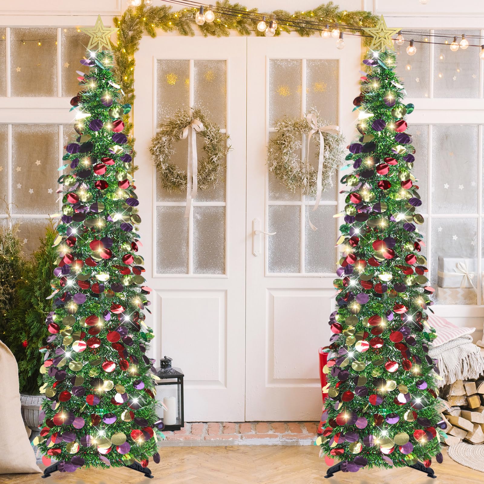 HMASYO 5 FT Pop Up Christmas Tree with Timer Lights, Green Christmas Tinsel Tree, Collapsible Artificial Pencil Christmas Tree for Indoor Home Apartment Porch Holiday Party Decorations - Medaid International