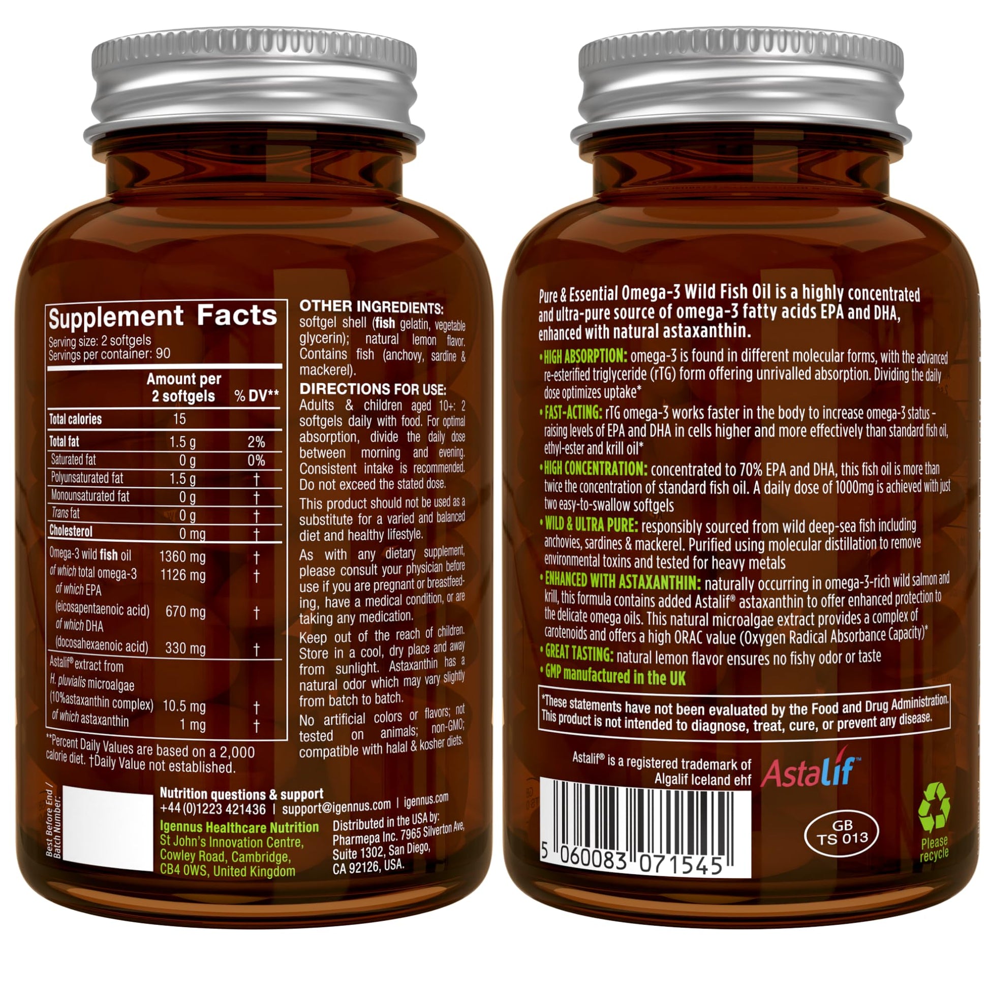 Igennus Ultra Pure Omega 3 Triglyceride rTG Wild Fish Oil 1360mg, IFOS Certified, EPA DHA 1000mg Plus Astaxanthin, Non-GMO, for Men & Women, 180 Softgels - Medaid International