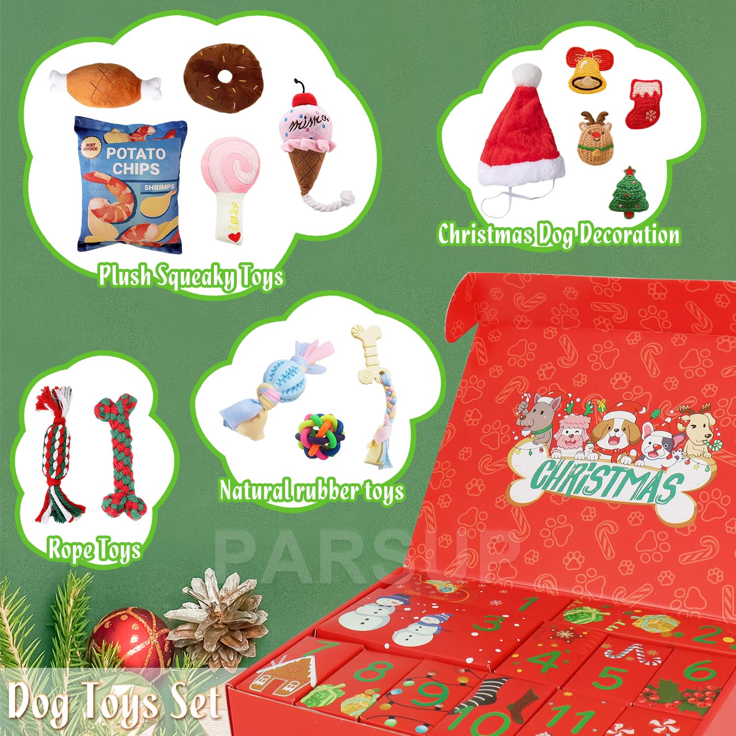 Dog Advent Calendar 2025, 12 Days Pet Toy Christmas Countdown Calendar with Chew Ropes Toys Squeaky Balls Teething Toys for Xmas Small Puppy - Medaid International