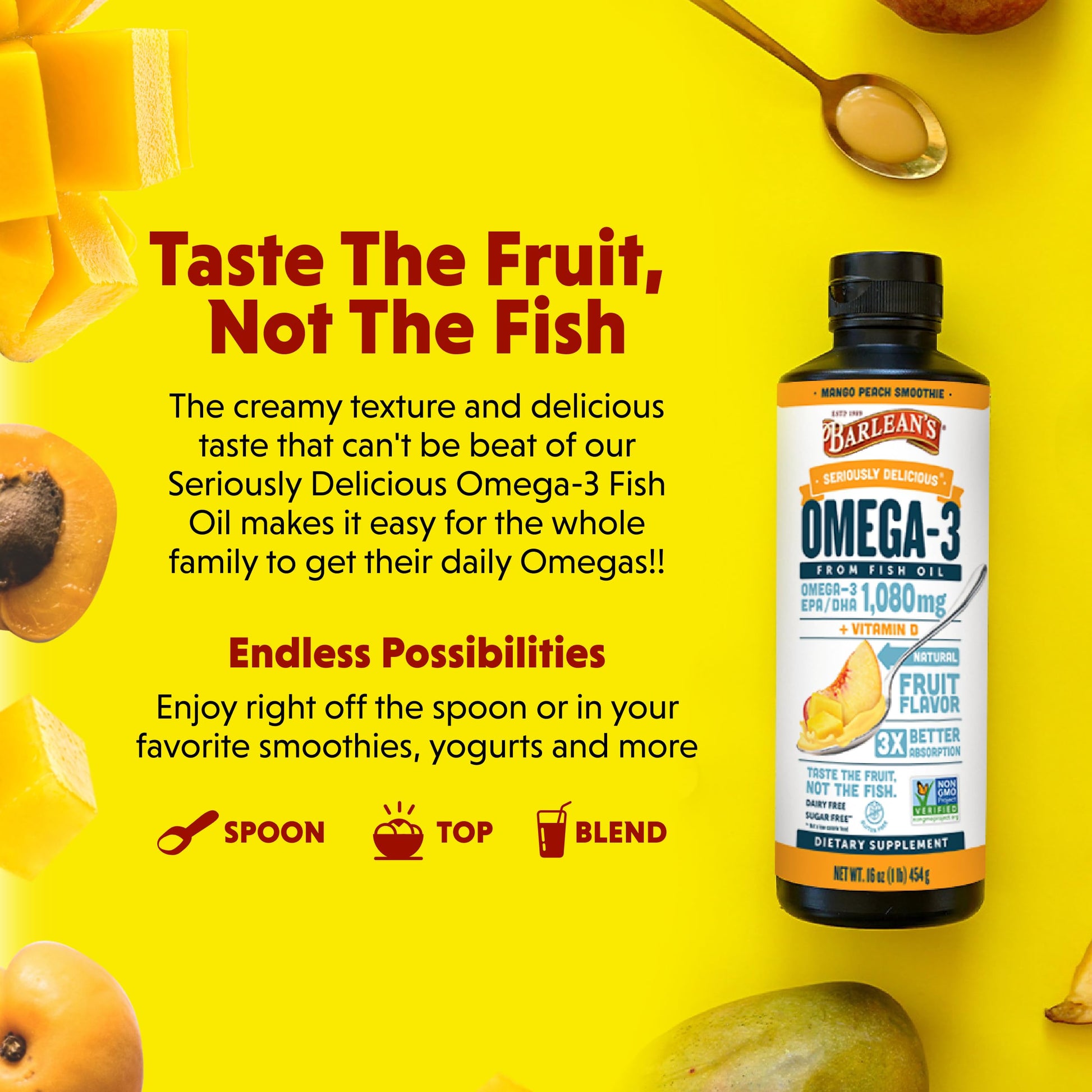 Barlean's Omega 3 Fish Oil Liquid Supplement with Vitamin D for Men and Women, Mango Peach, 1080mg EPA and DHA Fatty Acid, 16 oz - Medaid International